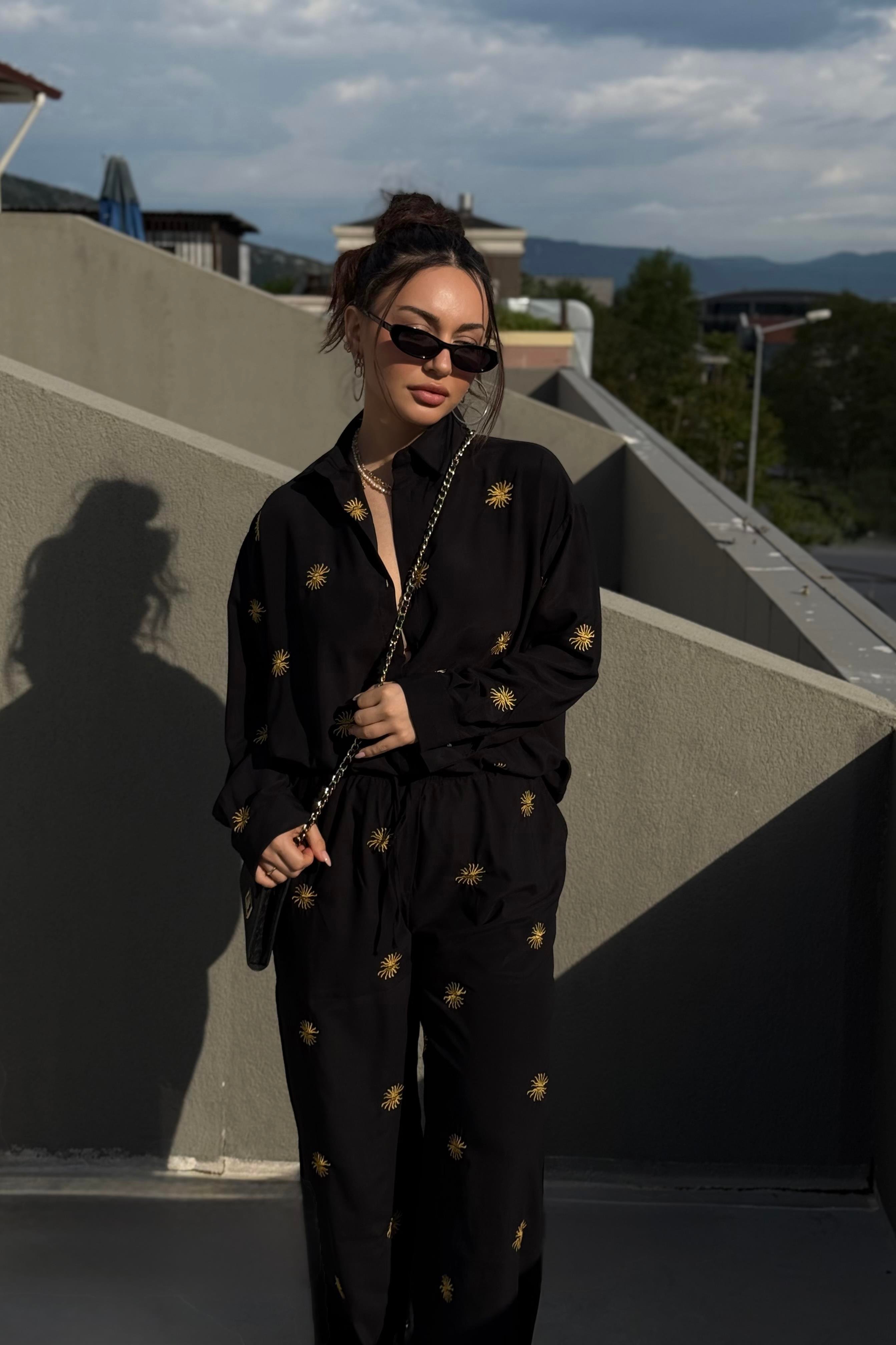 Premium Güneş Nakışlı Siyah Pantolon Gömlek Takım