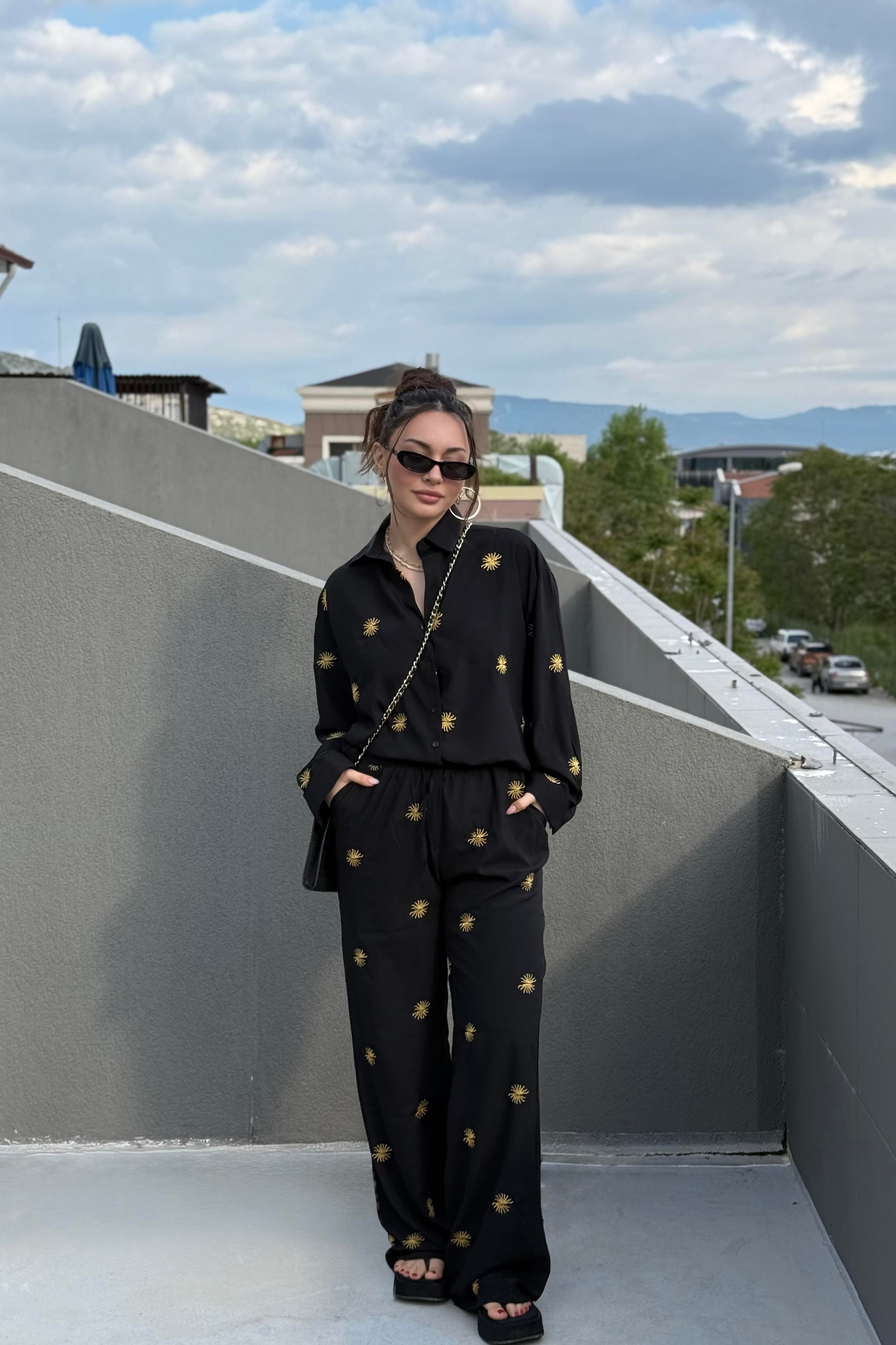 Premium Güneş Nakışlı Siyah Pantolon Gömlek Takım