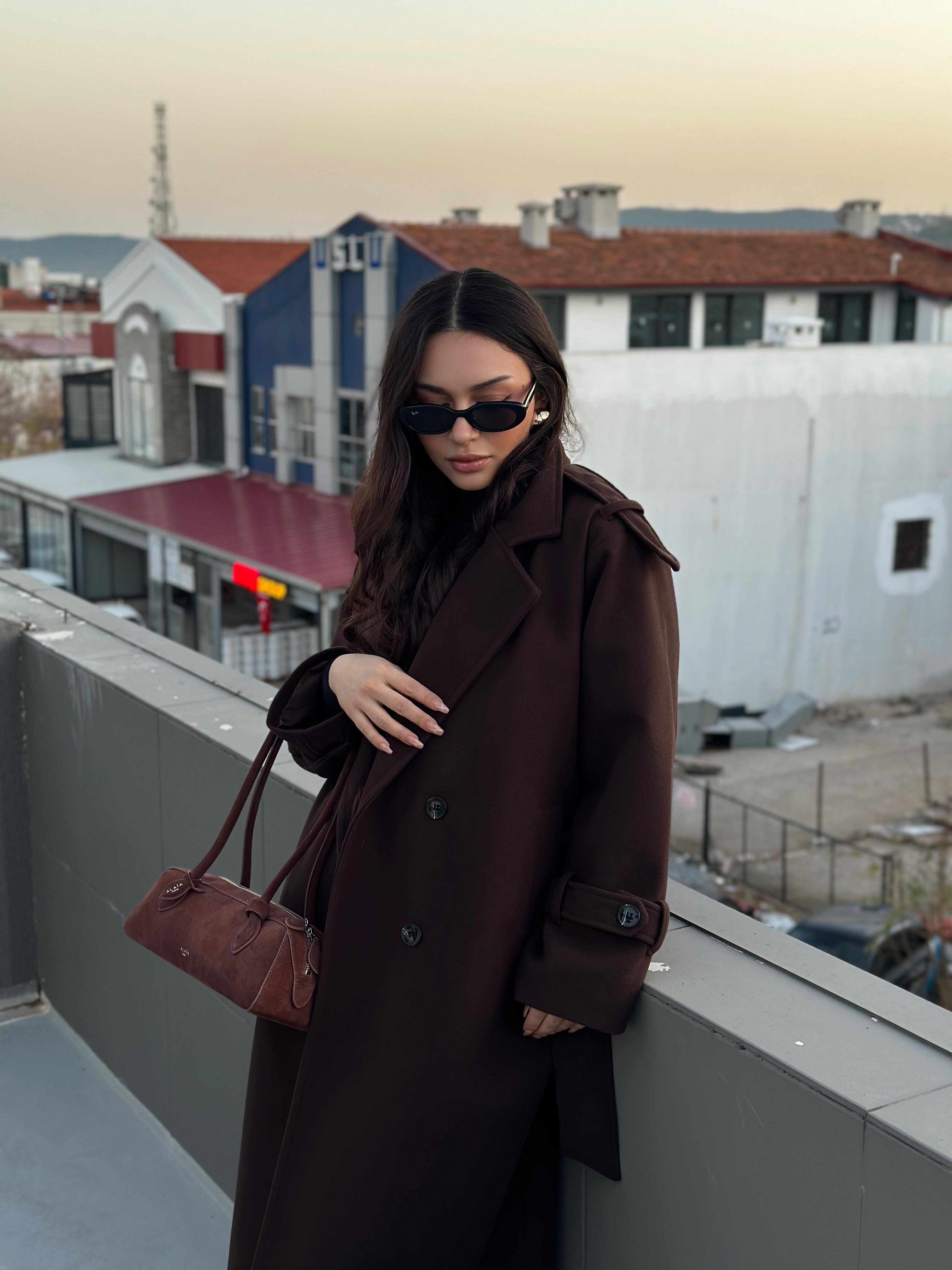 Premium Kaşe Uzun Kaban Acı Kahve