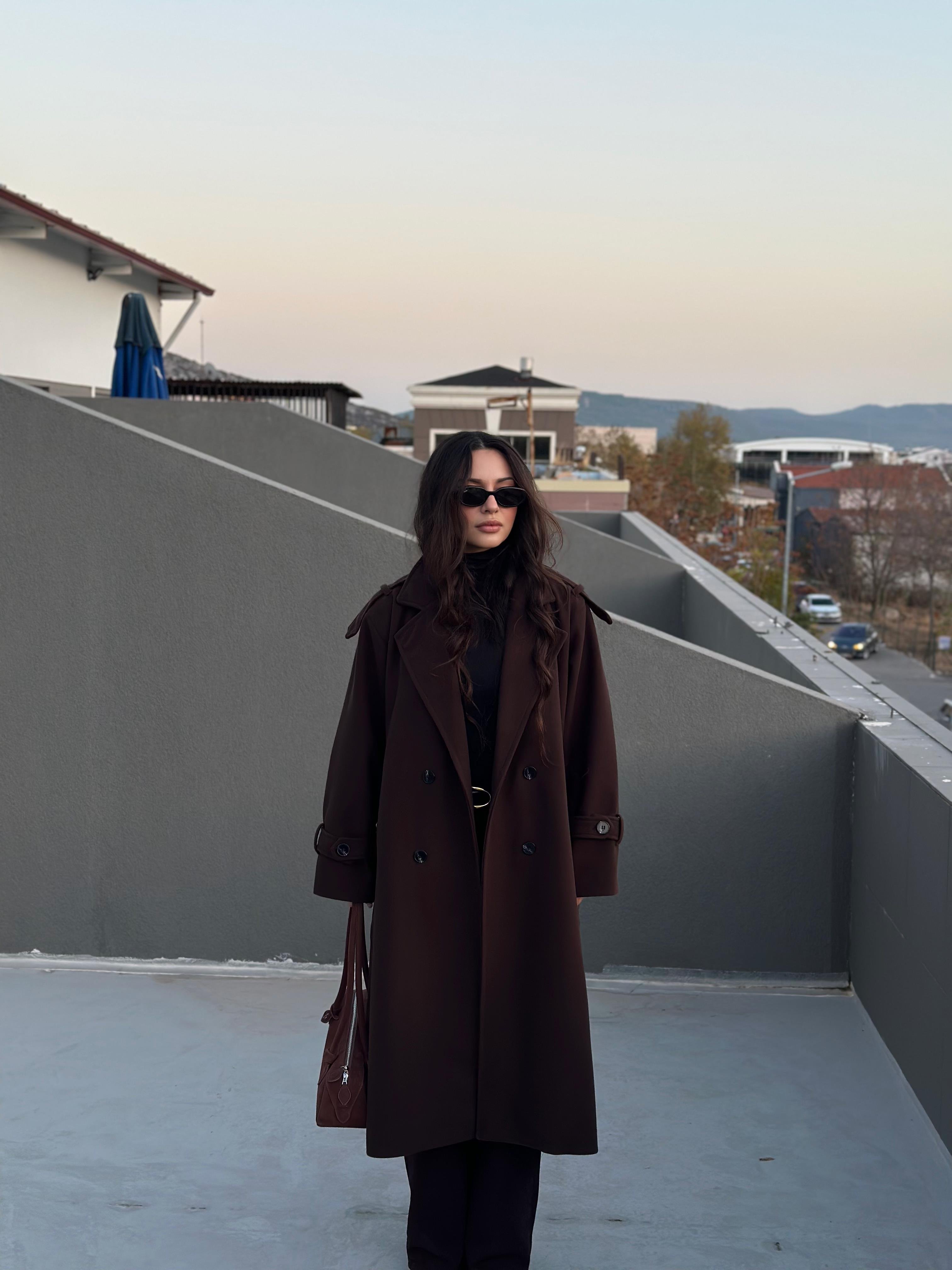 Premium Kaşe Uzun Kaban Acı Kahve