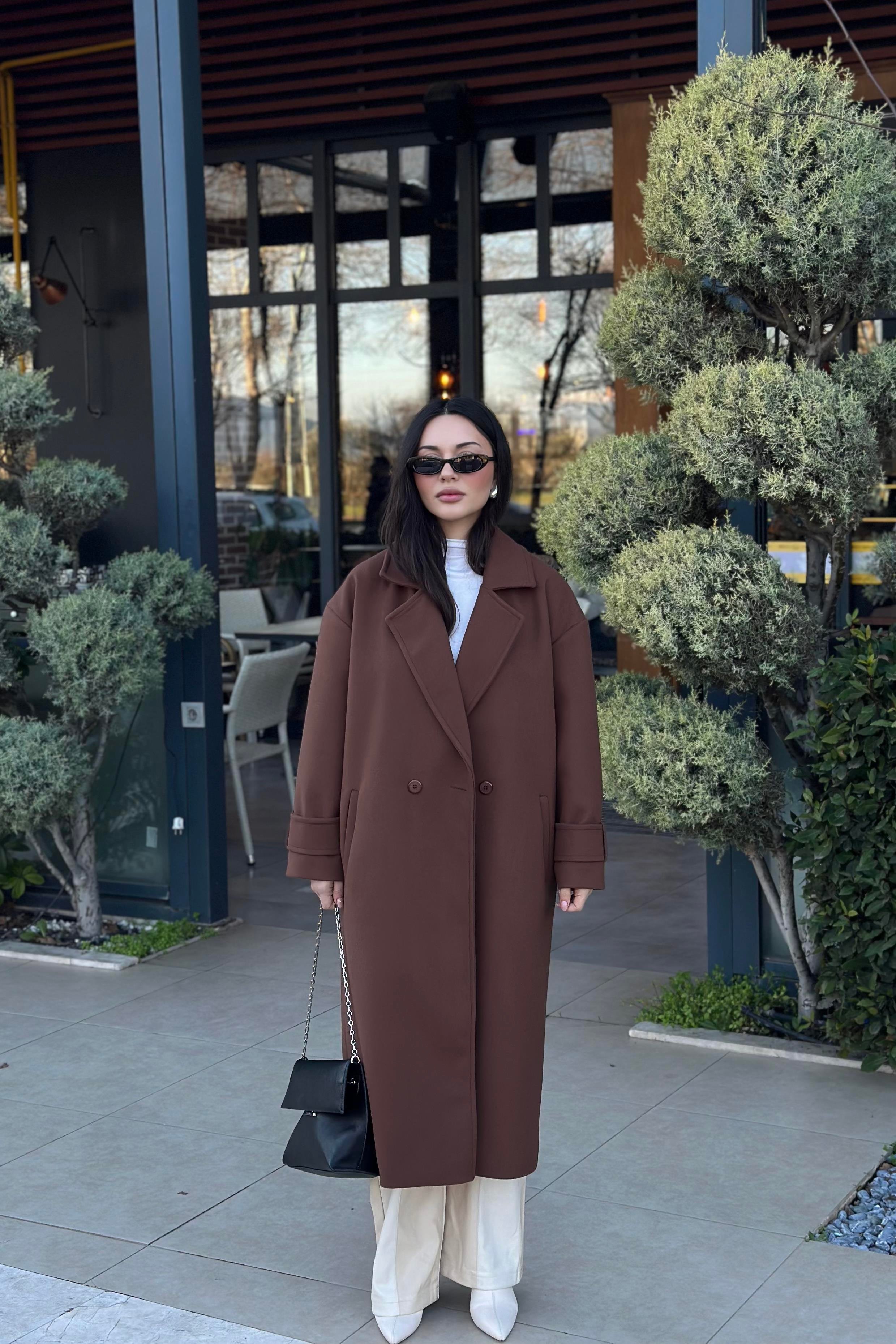 Premium Kruvaze Yaka Düz Kesim Kaban Kahve 