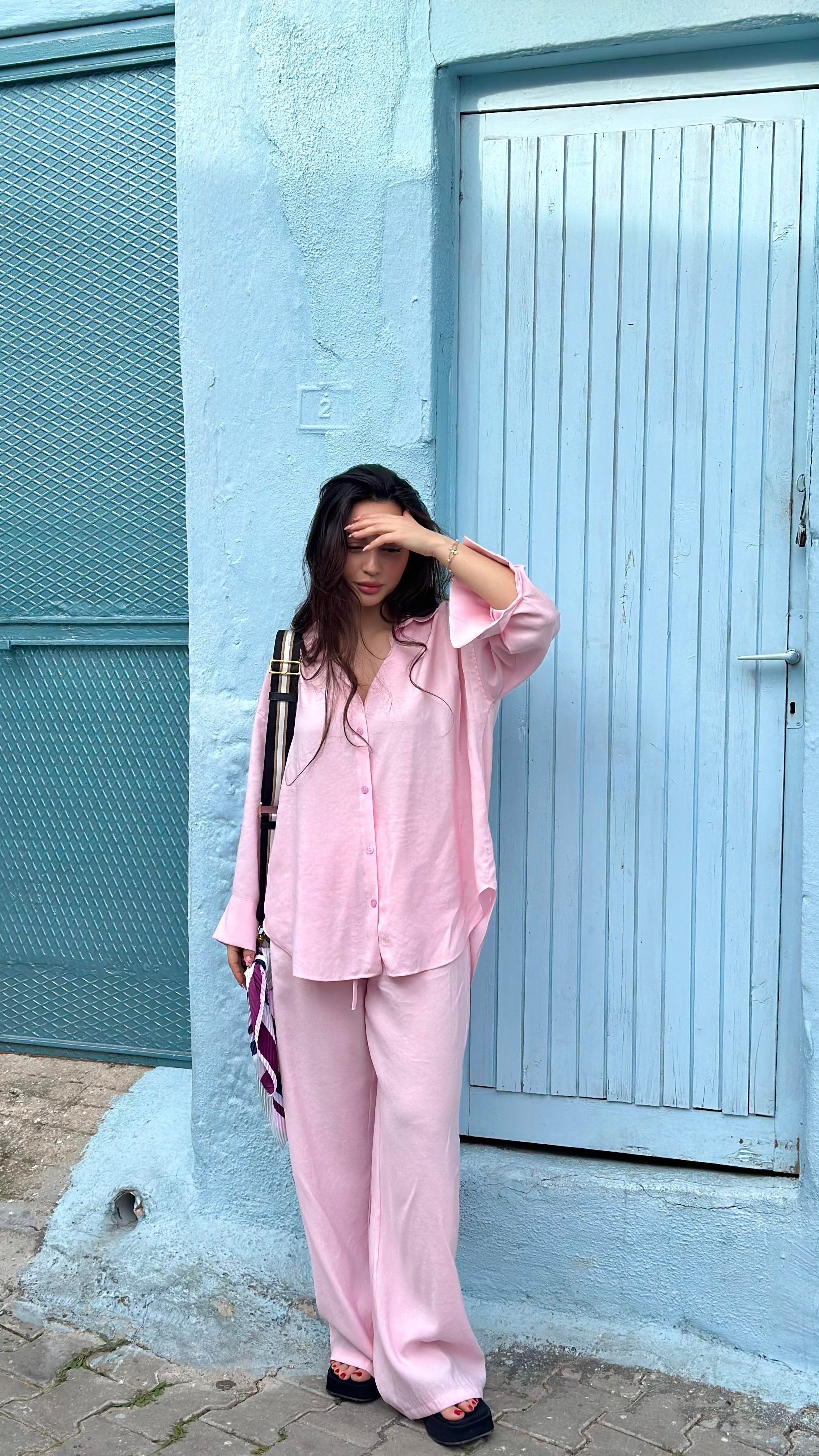 Premium Modal Gömlek Pantolon Takım Pembe