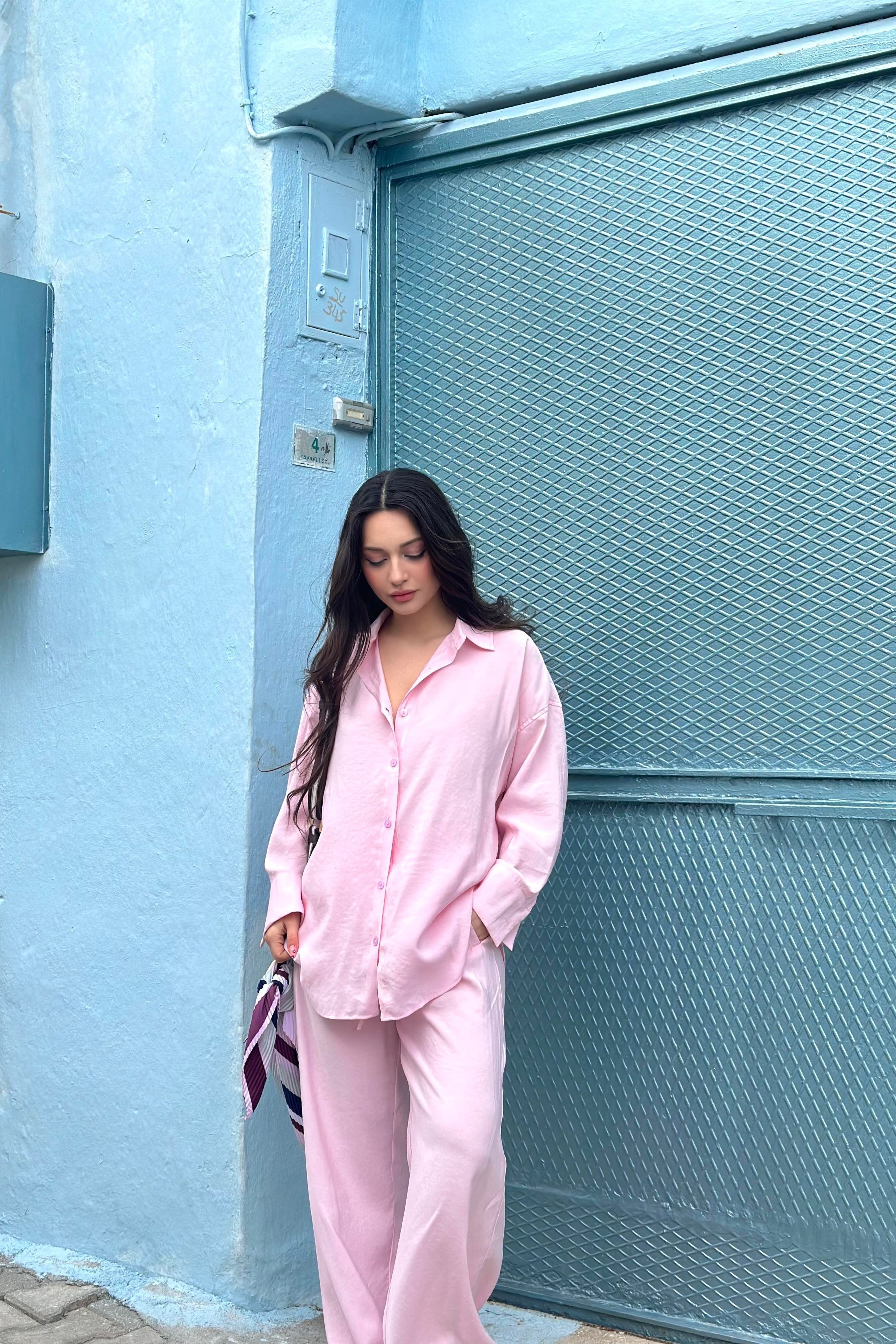 Premium Modal Gömlek Pantolon Takım Pembe