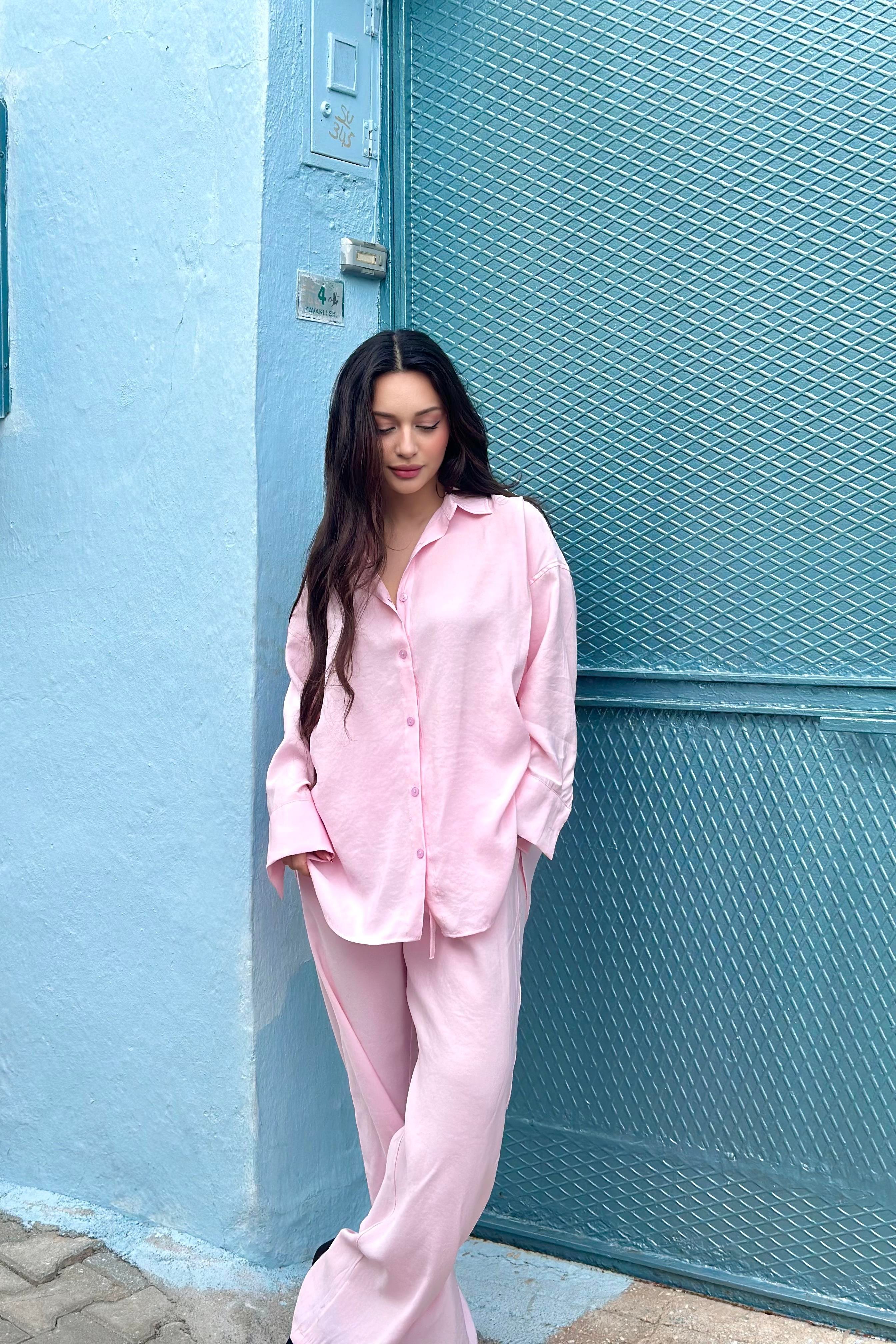 Premium Modal Gömlek Pantolon Takım Pembe