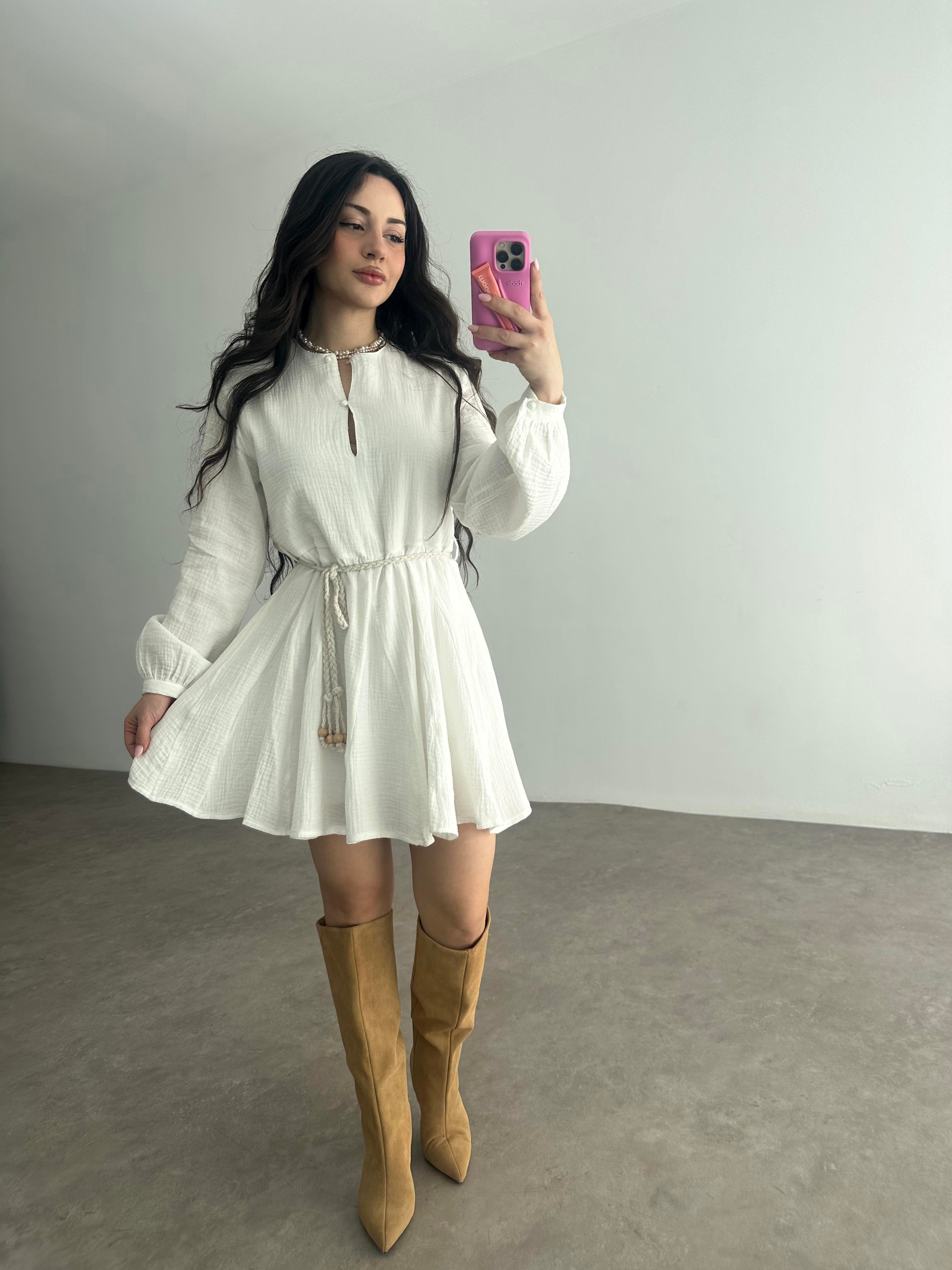 Premium Pamuk Müslin Elbise Beyaz