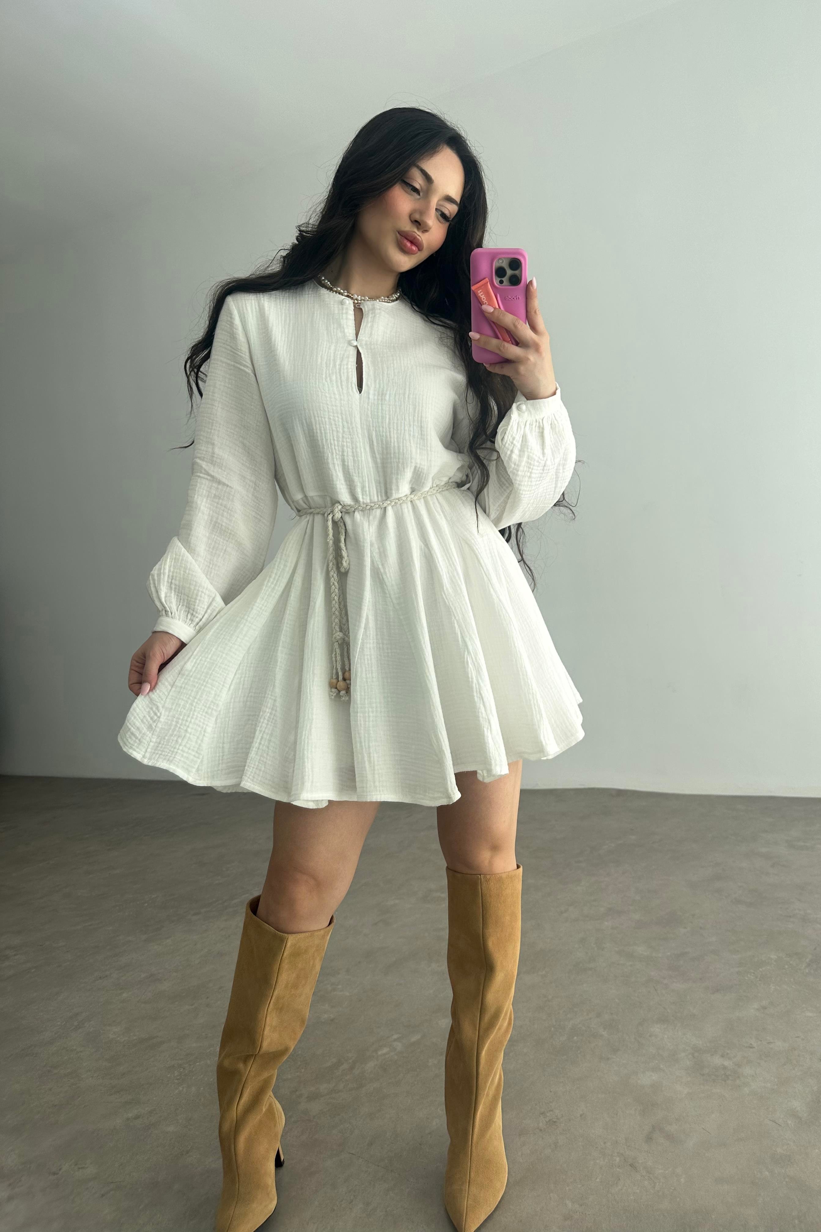 Premium Pamuk Müslin Elbise Beyaz