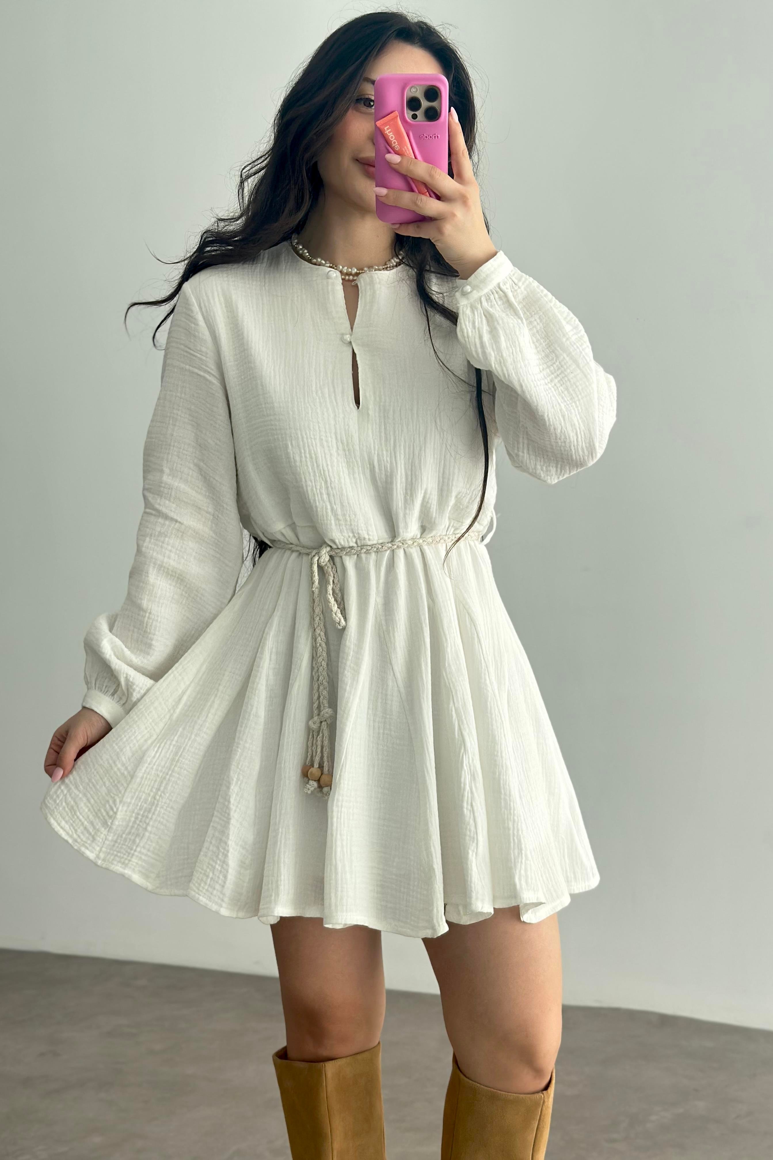 Premium Pamuk Müslin Elbise Beyaz