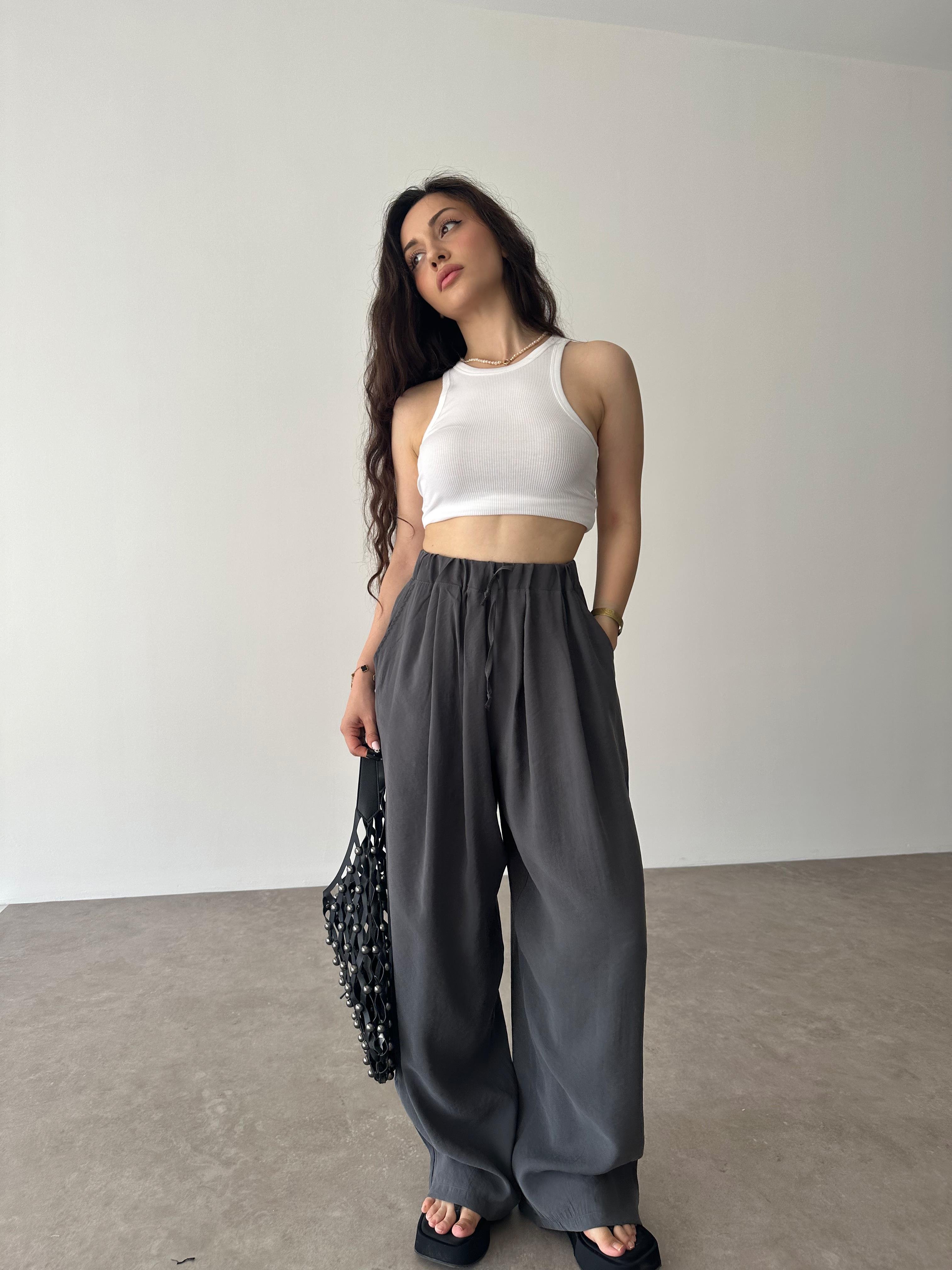 Premium Tensel Ekstra Yüksek Belli Pantolon Füme