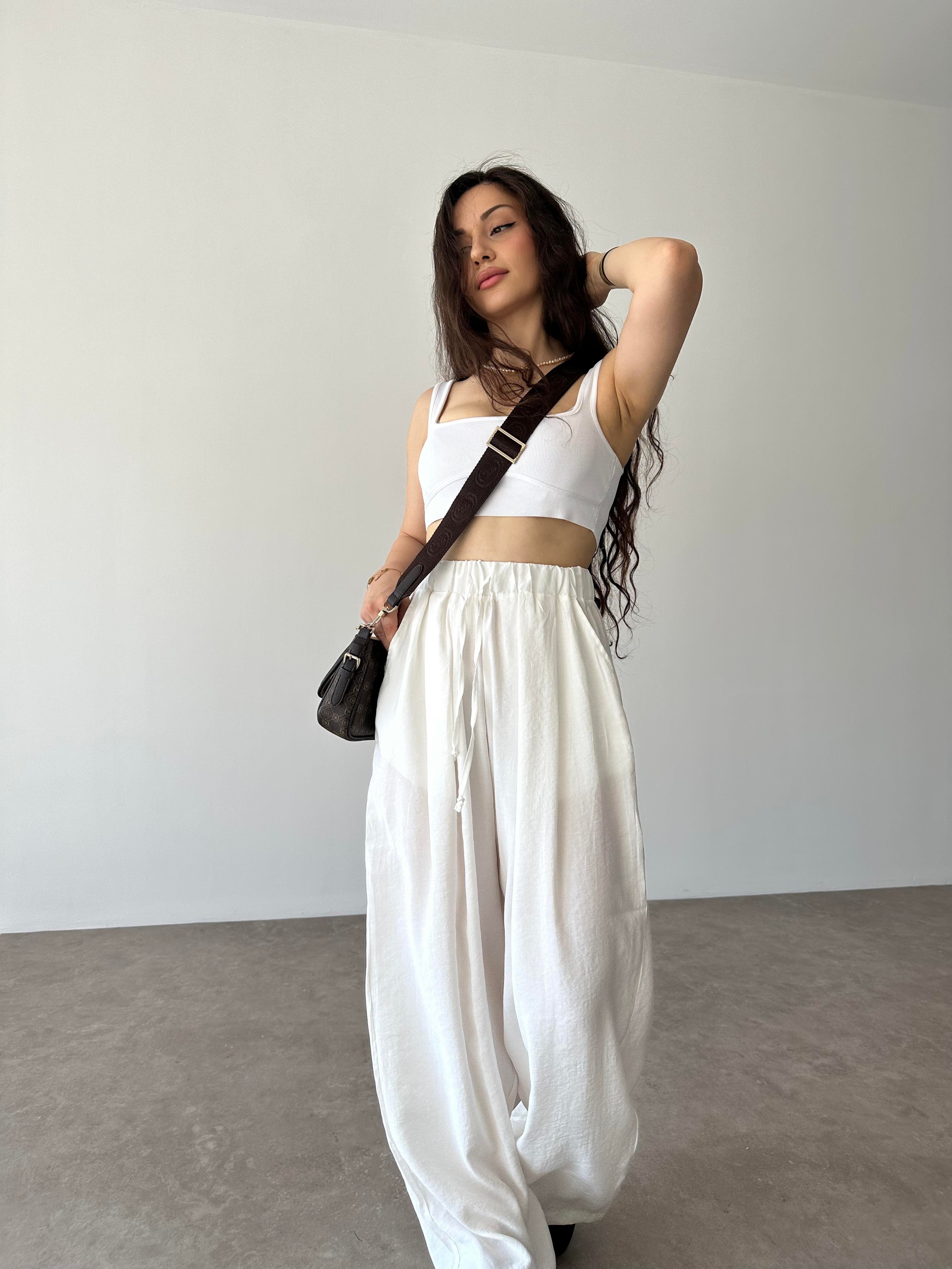 Premium Tensel Ekstra Yüksek Belli Pantolon Beyaz