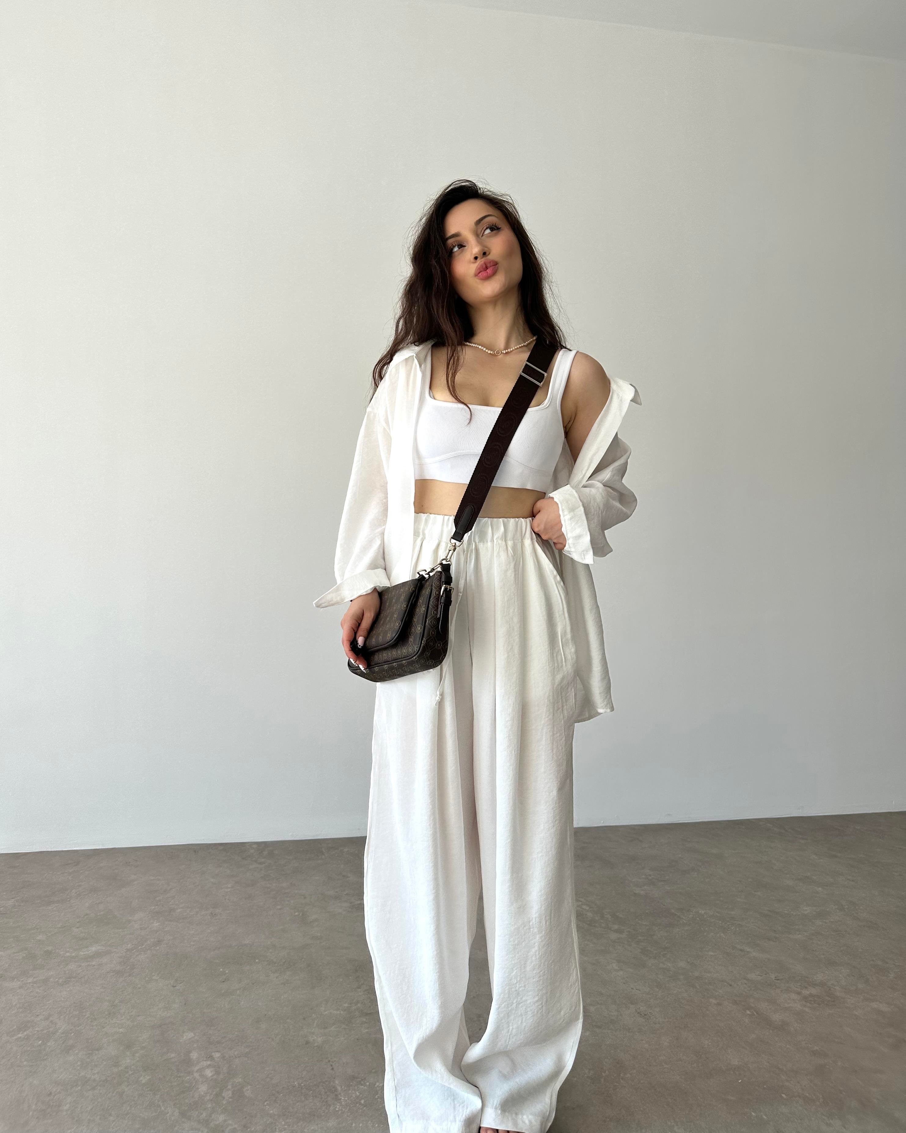 Premium Tensel Ekstra Yüksek Belli Pantolon Beyaz