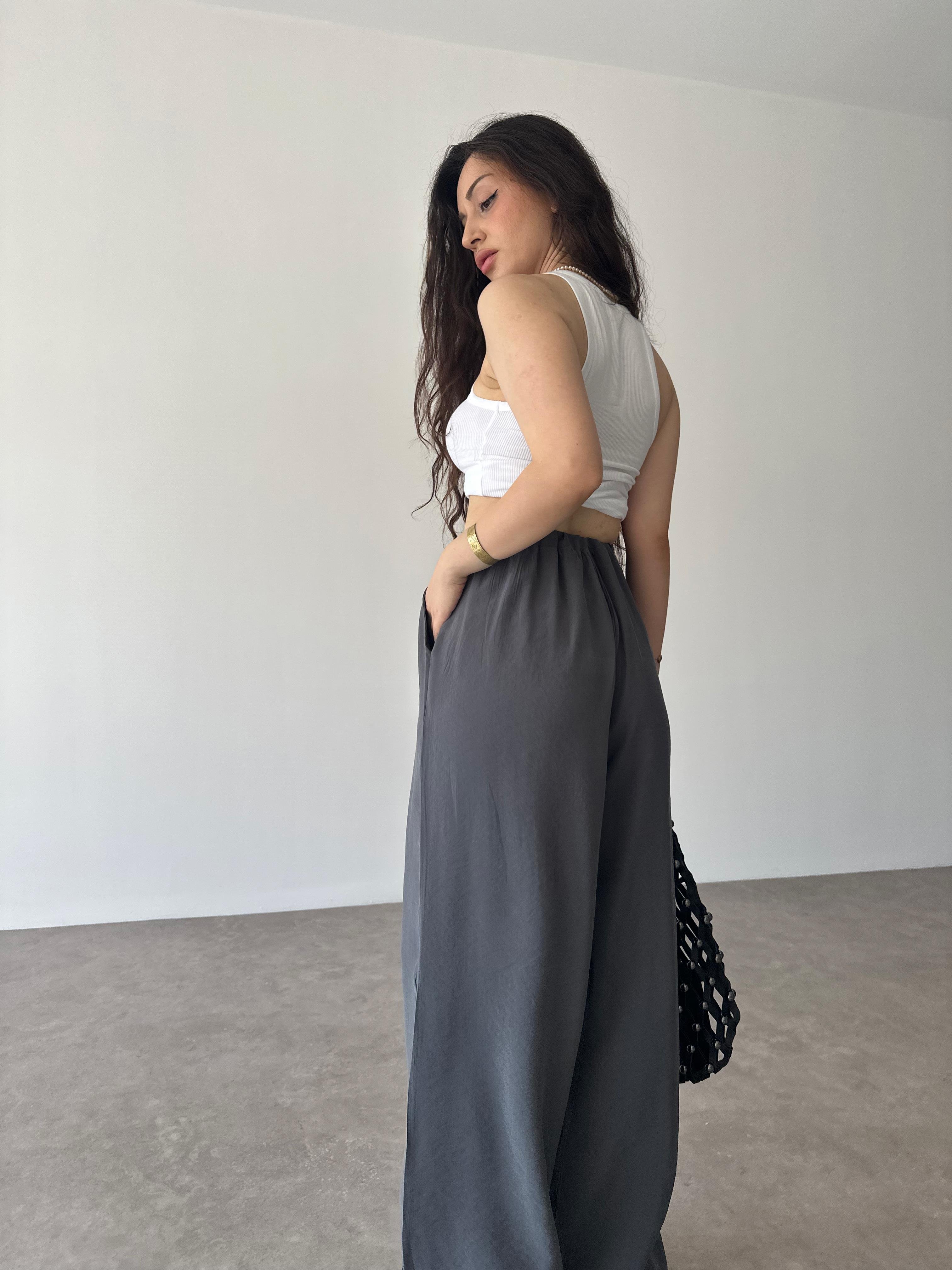 Premium Tensel Ekstra Yüksek Belli Pantolon Füme