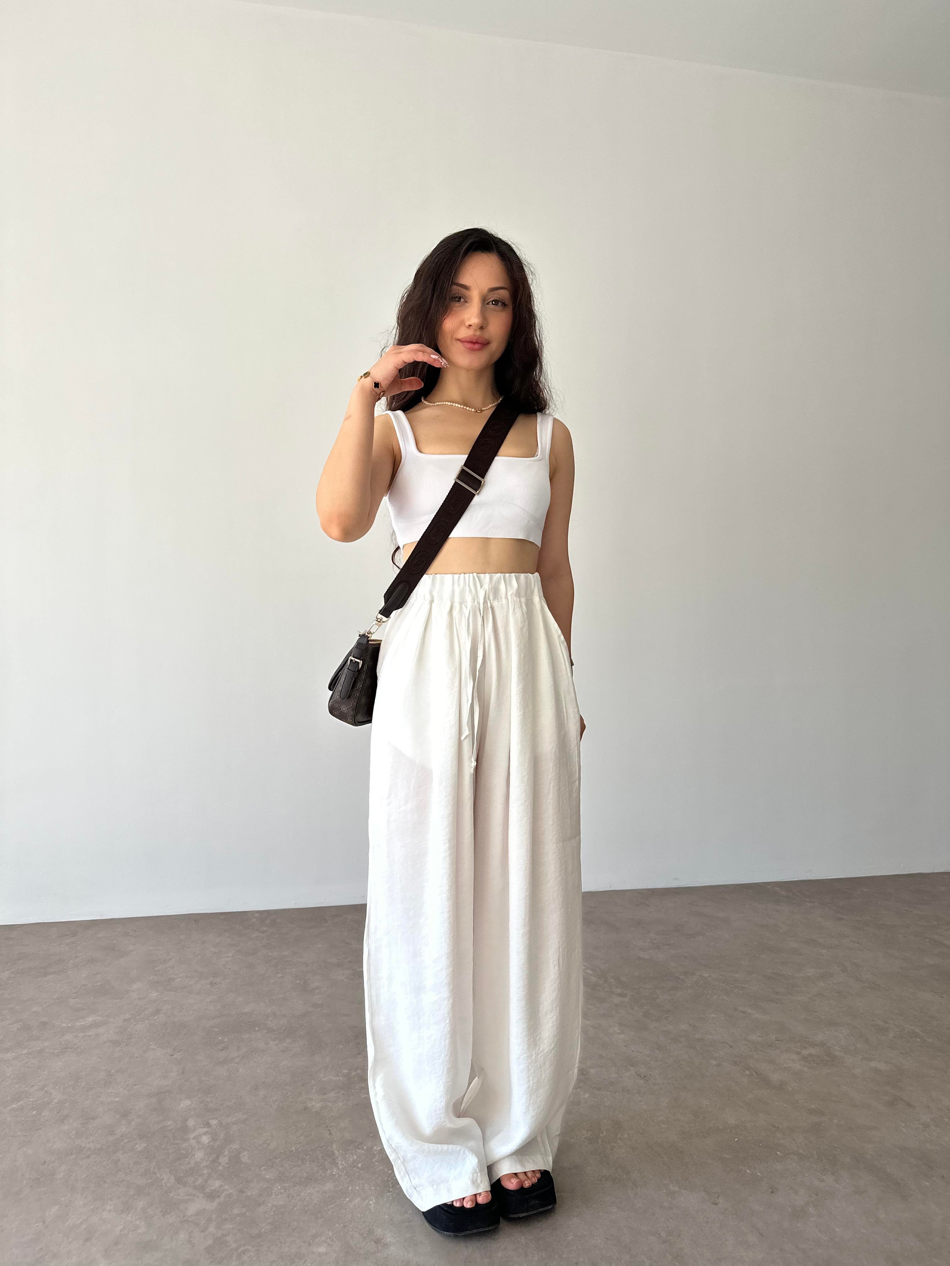 Premium Tensel Ekstra Yüksek Belli Pantolon Beyaz