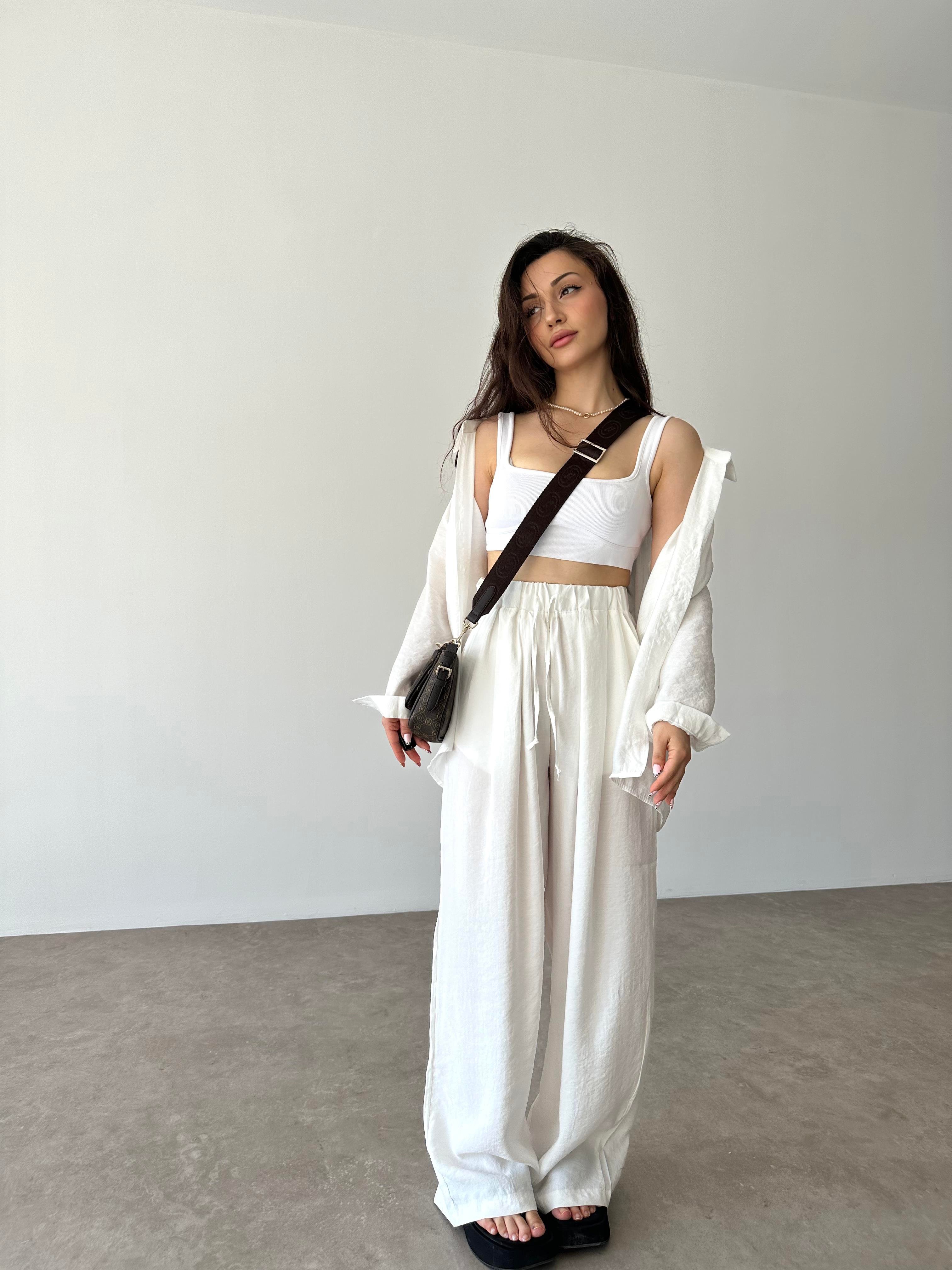 Premium Tensel Ekstra Yüksek Belli Pantolon Beyaz