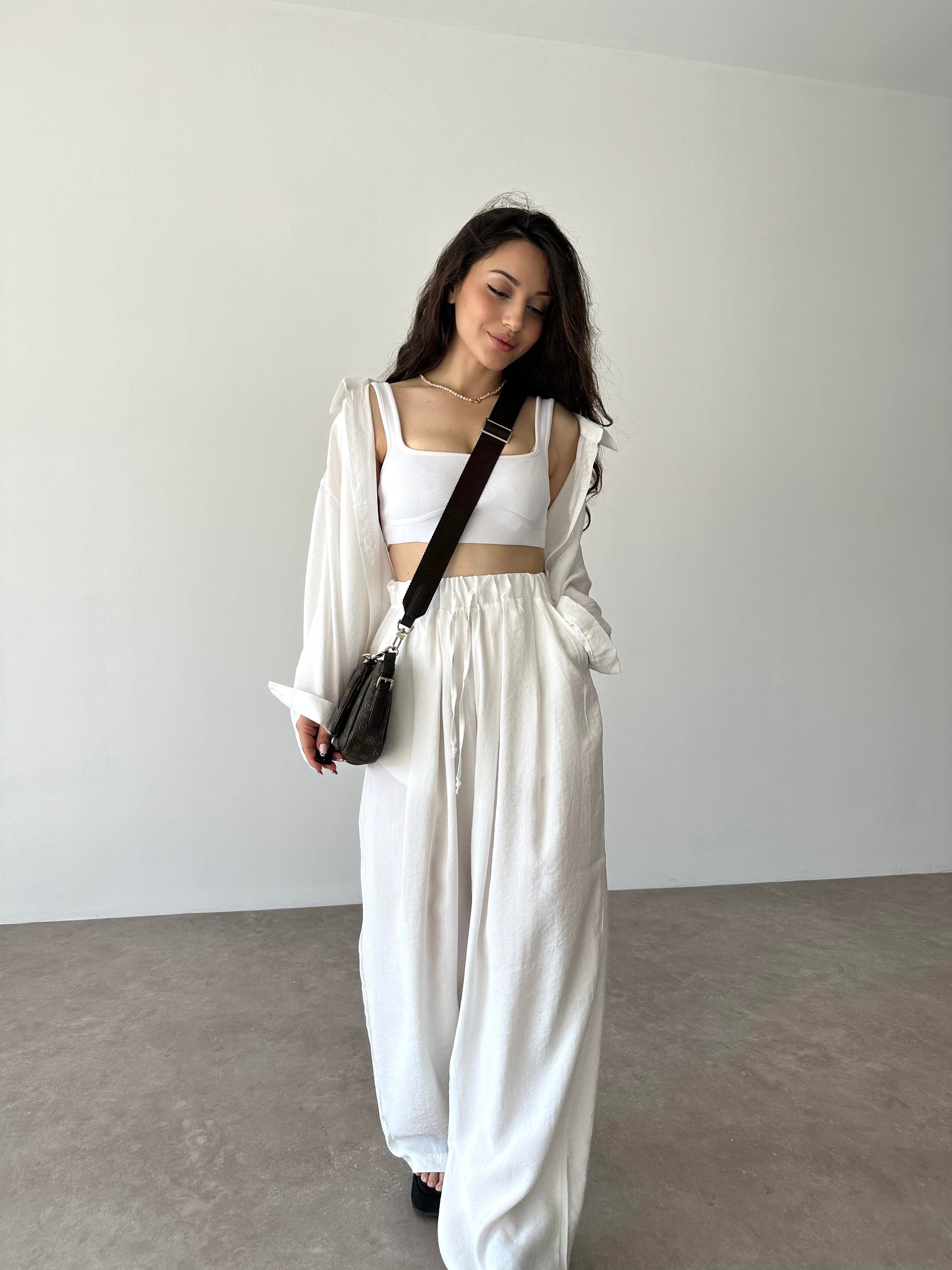 Premium Tensel Ekstra Yüksek Belli Pantolon Beyaz