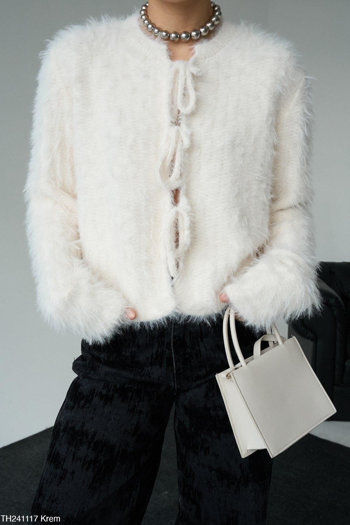 Premium Yumaş Bağlamalı Kürk Ekru Hırka