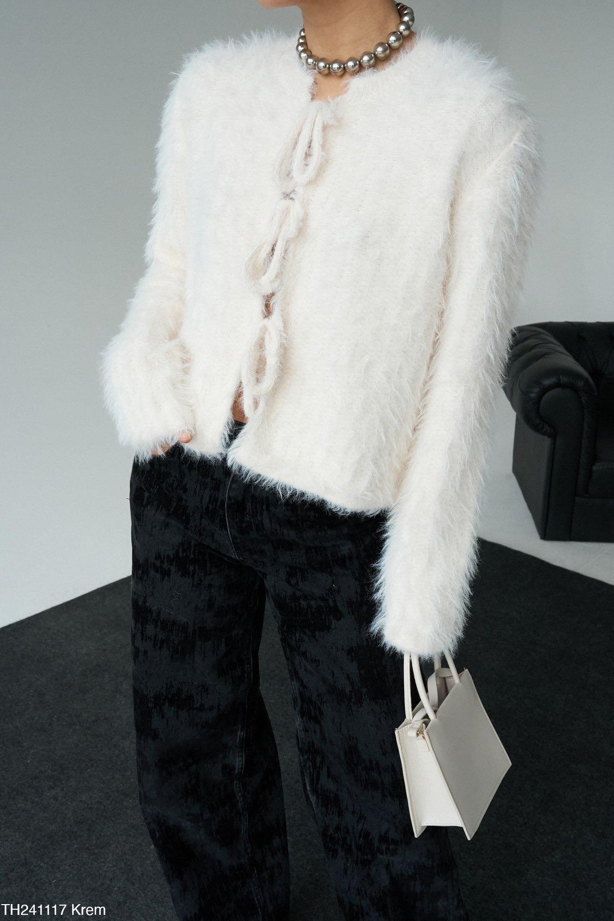 Premium Yumaş Bağlamalı Kürk Ekru Hırka