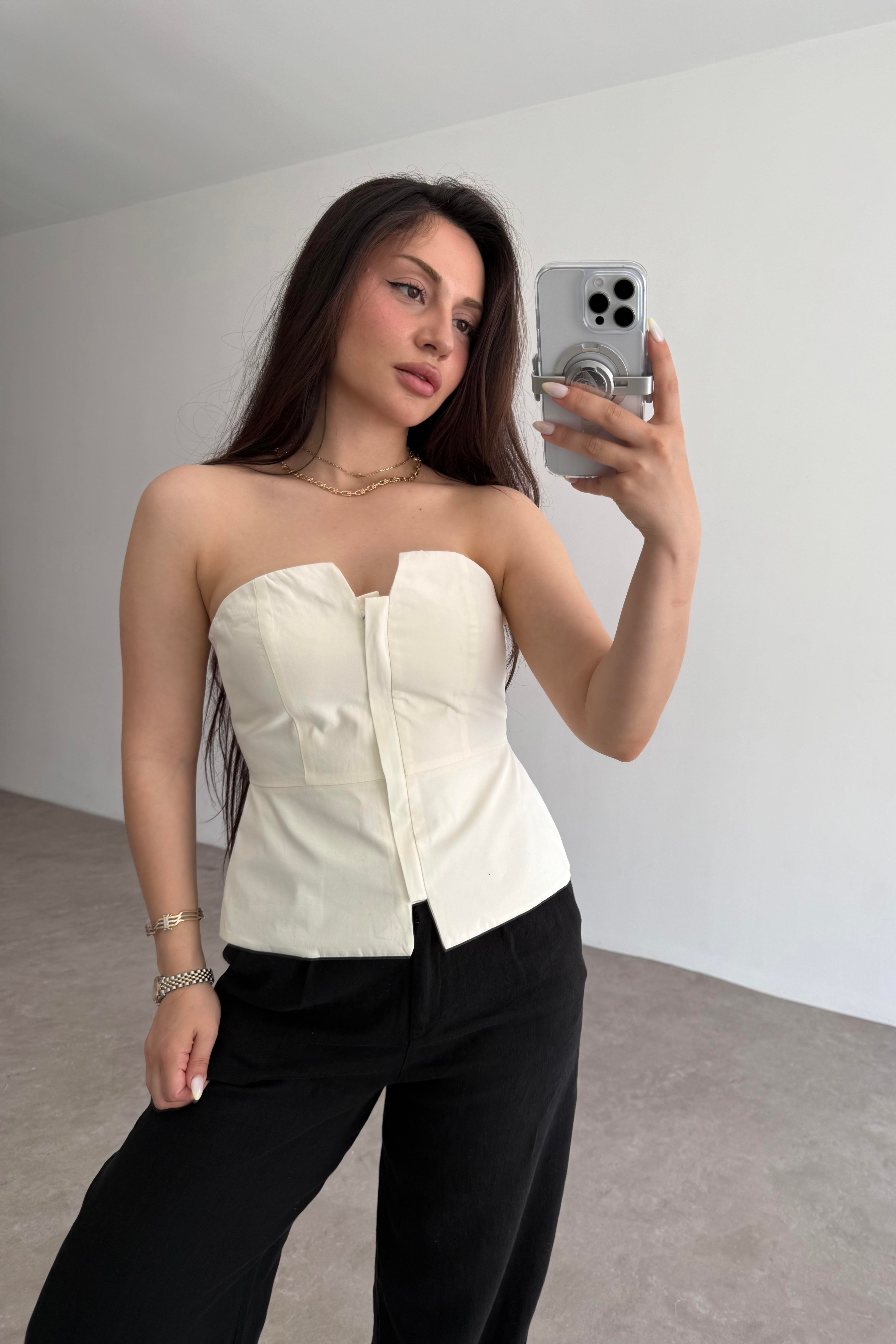 Pynappel Fermuarlı Straplez Büstiyer Ekru