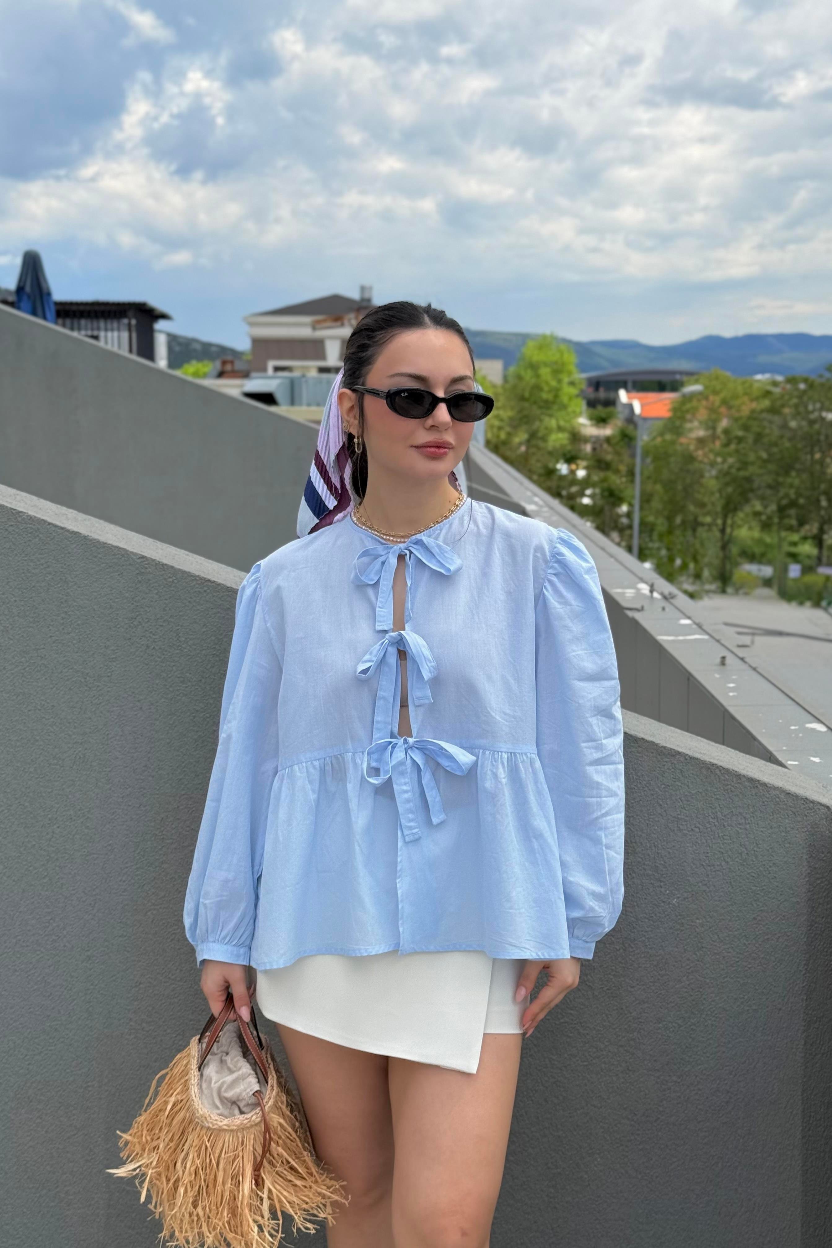 Ravi Bağlama Detaylı Premium Pastel Mavi Gömlek