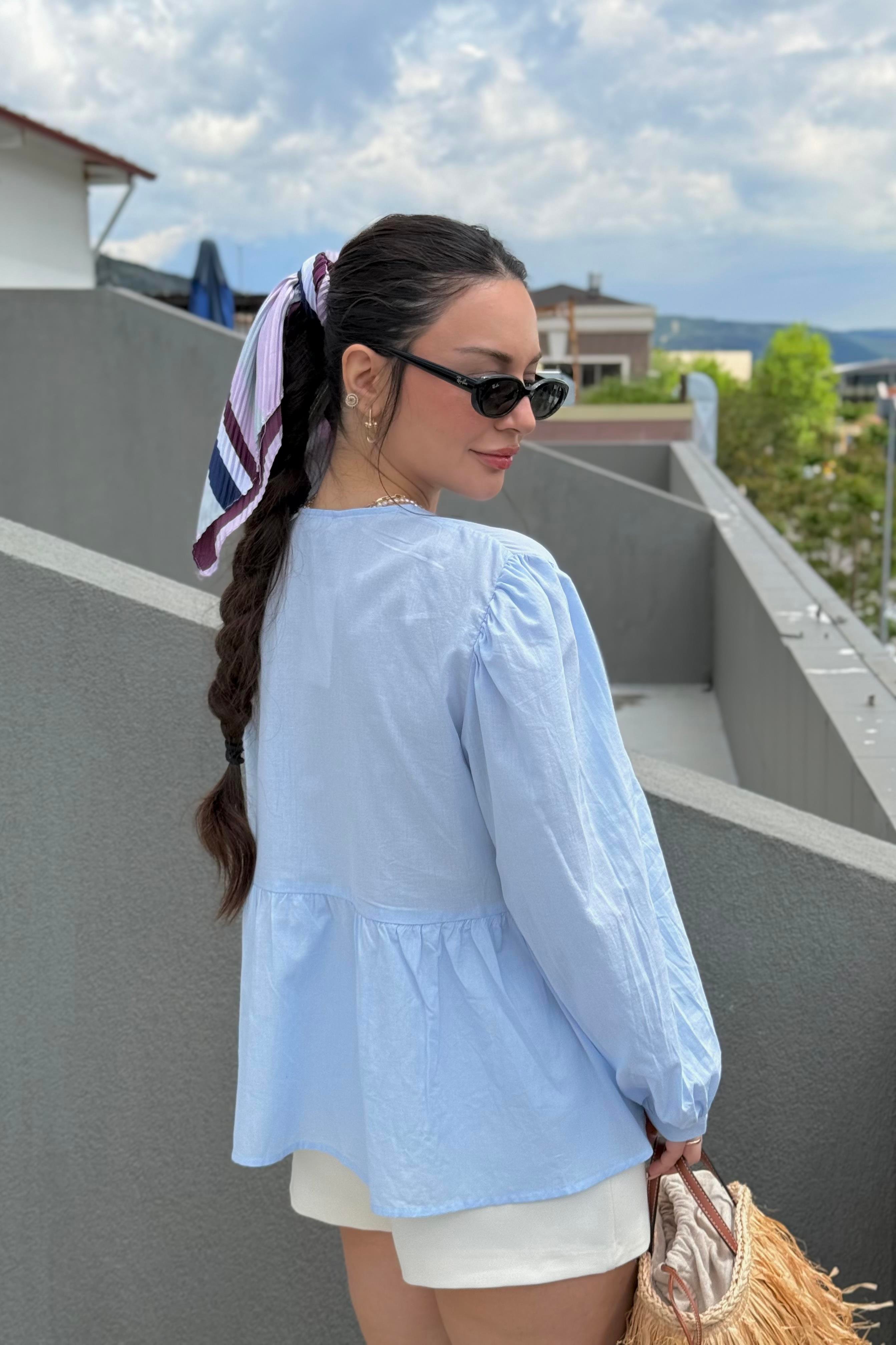 Ravi Bağlama Detaylı Premium Pastel Mavi Gömlek