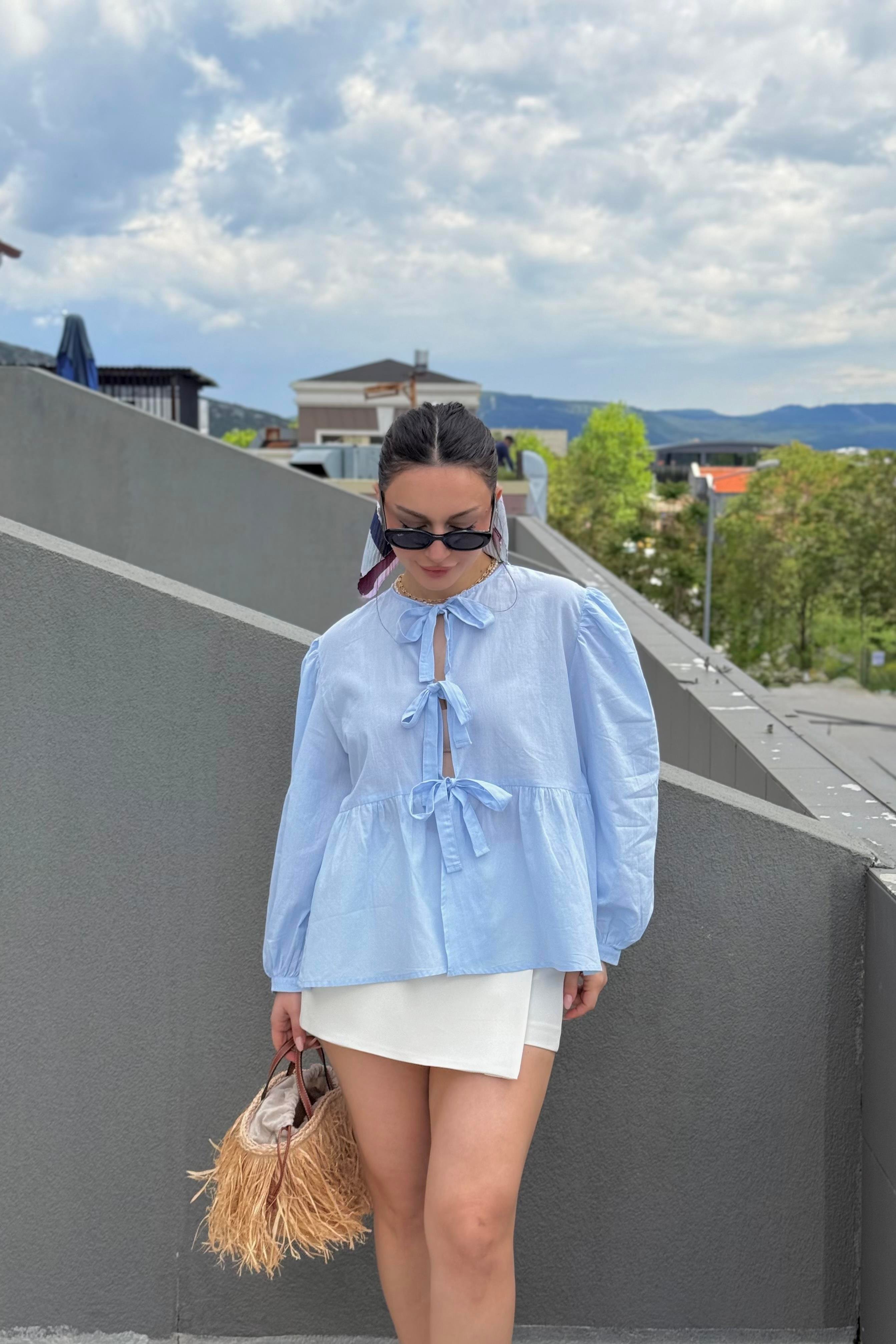 Ravi Bağlama Detaylı Premium Pastel Mavi Gömlek