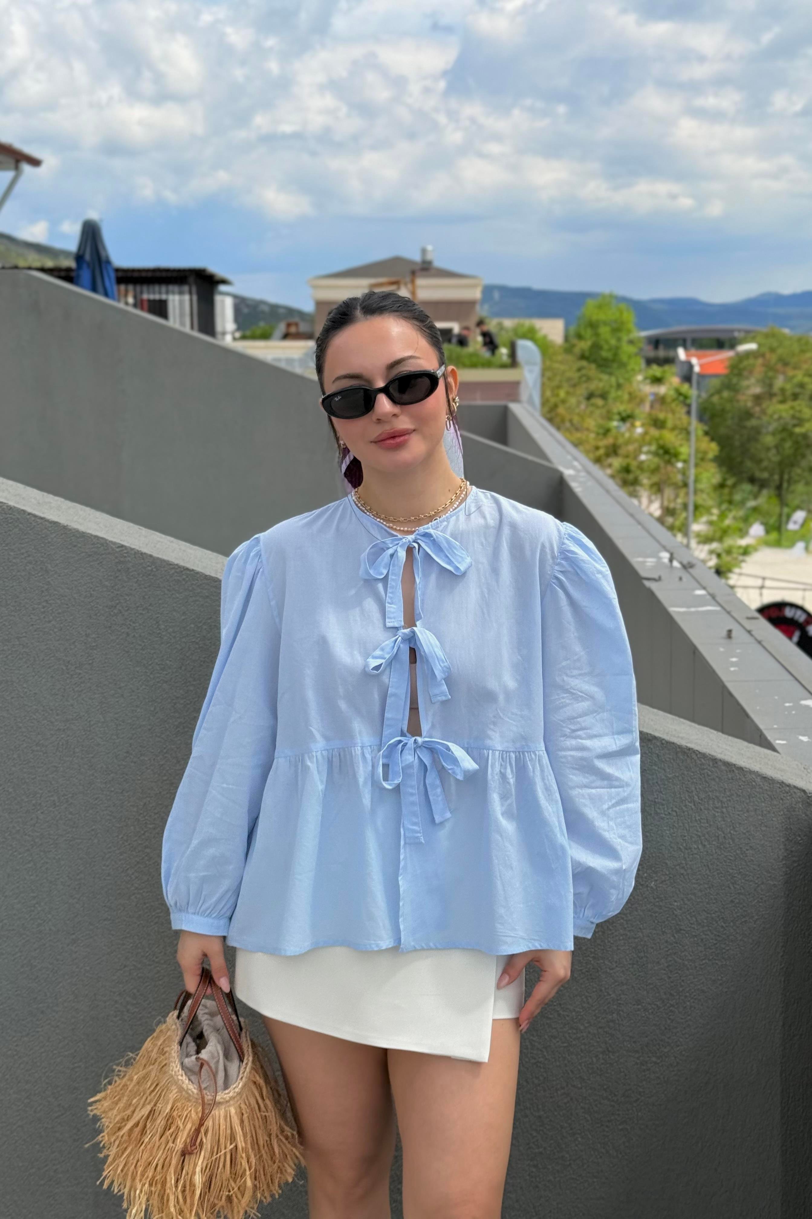 Ravi Bağlama Detaylı Premium Pastel Mavi Gömlek