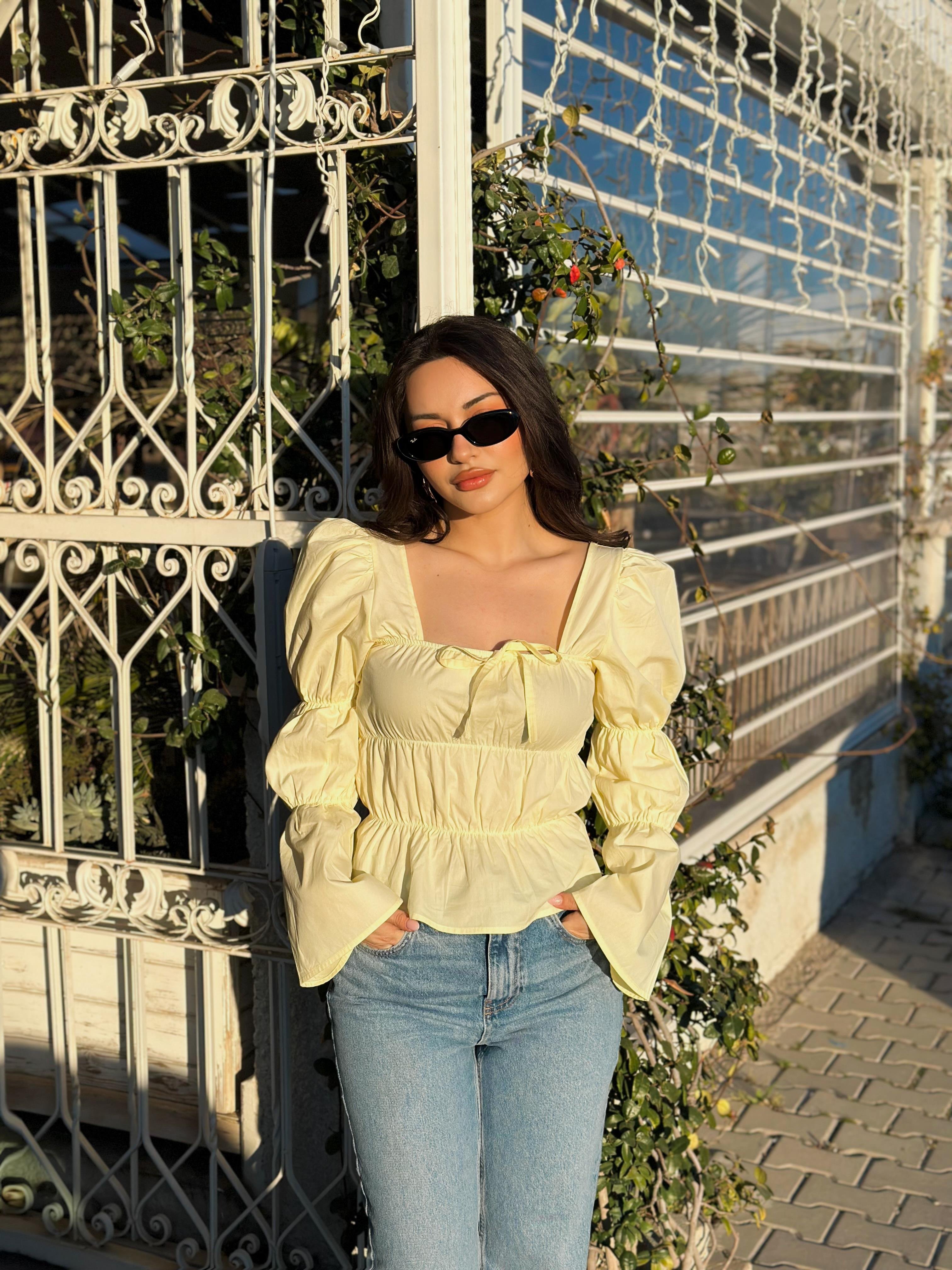 Ravi Premium Büzgülü Bluz Pastel Sarı