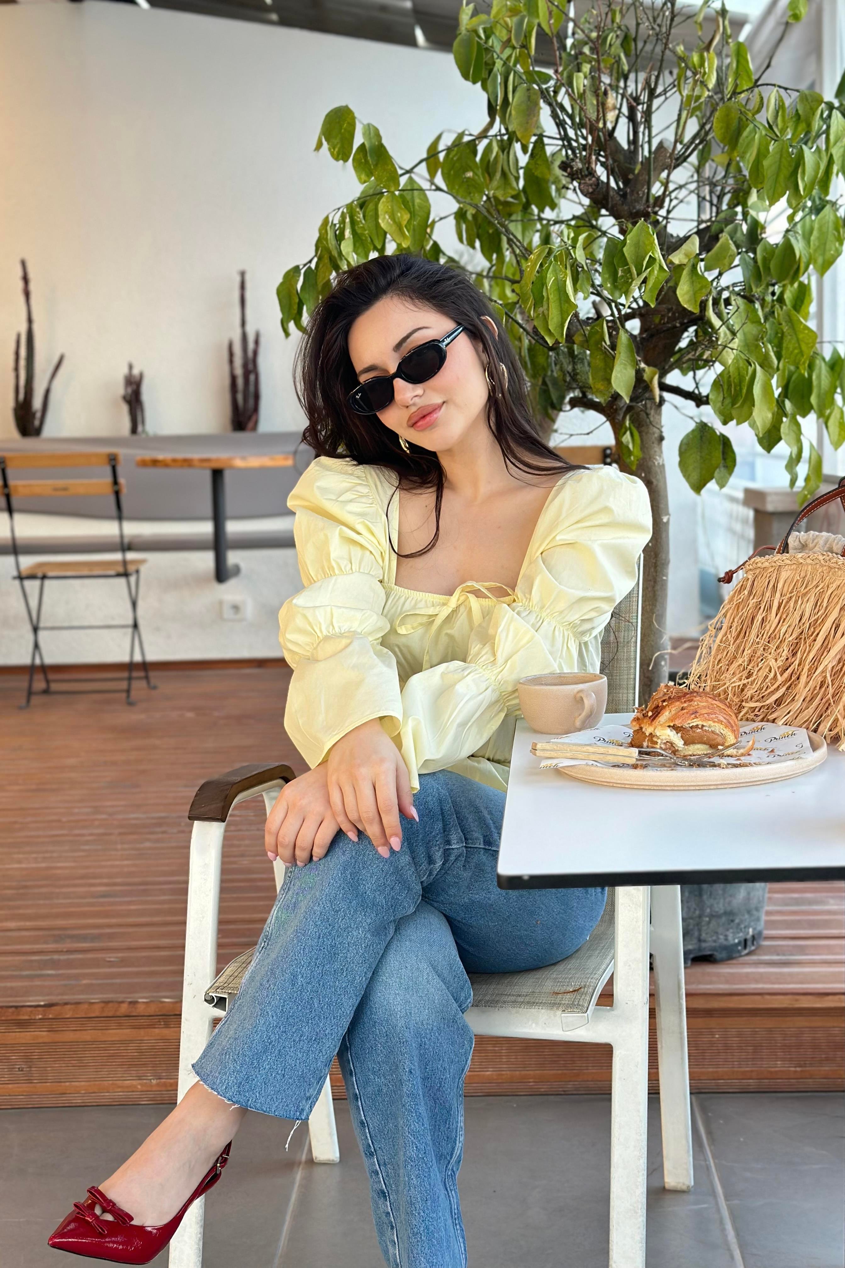 Ravi Premium Büzgülü Bluz Pastel Sarı