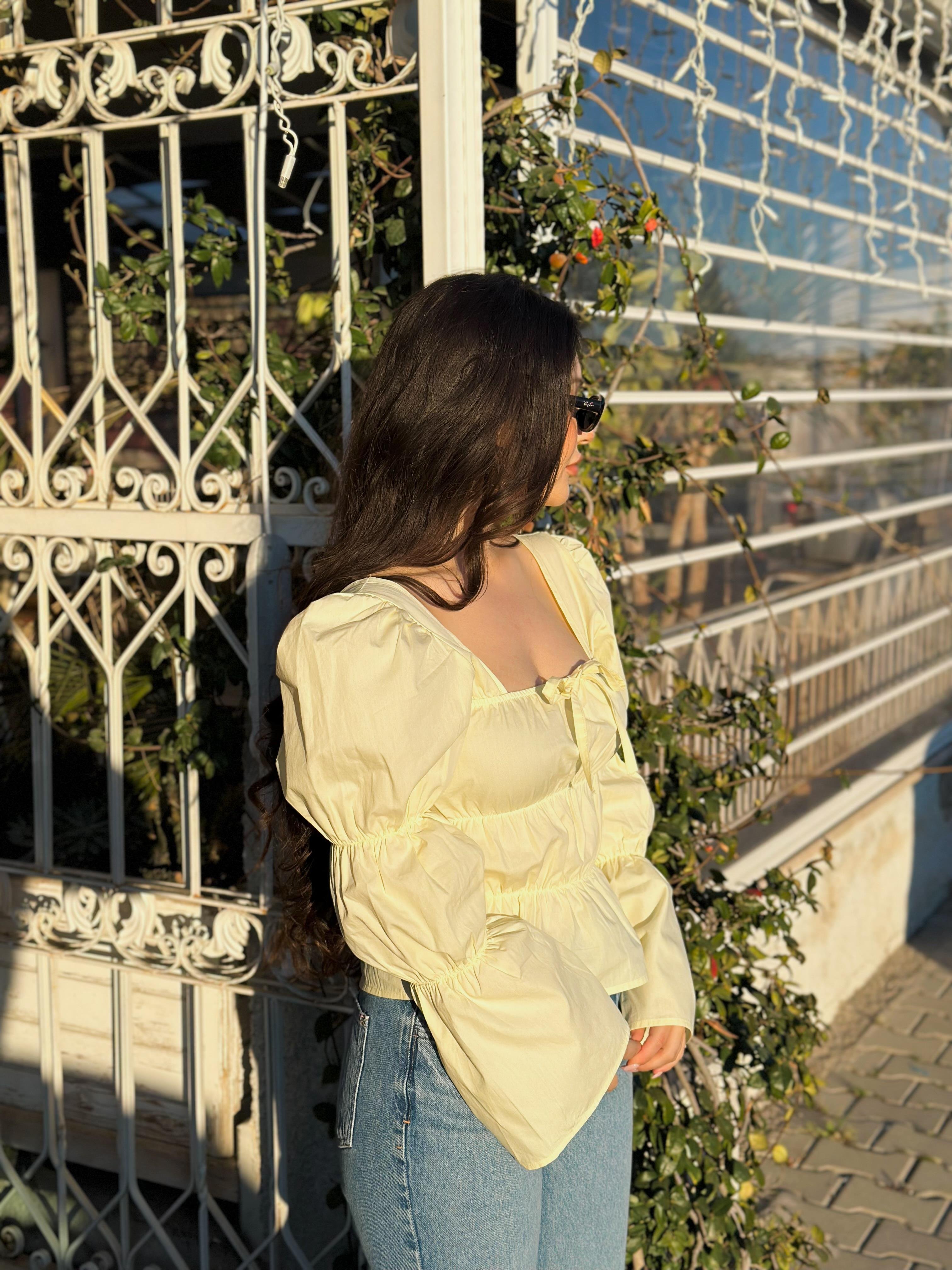 Ravi Premium Büzgülü Bluz Pastel Sarı