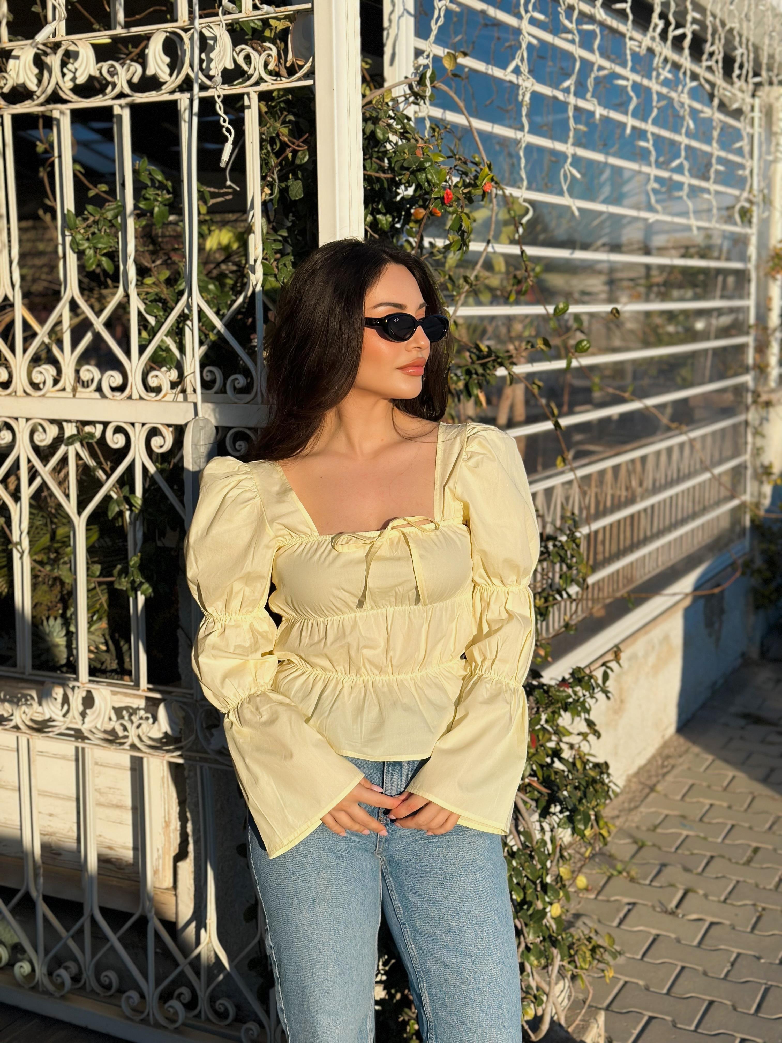 Ravi Premium Büzgülü Bluz Pastel Sarı