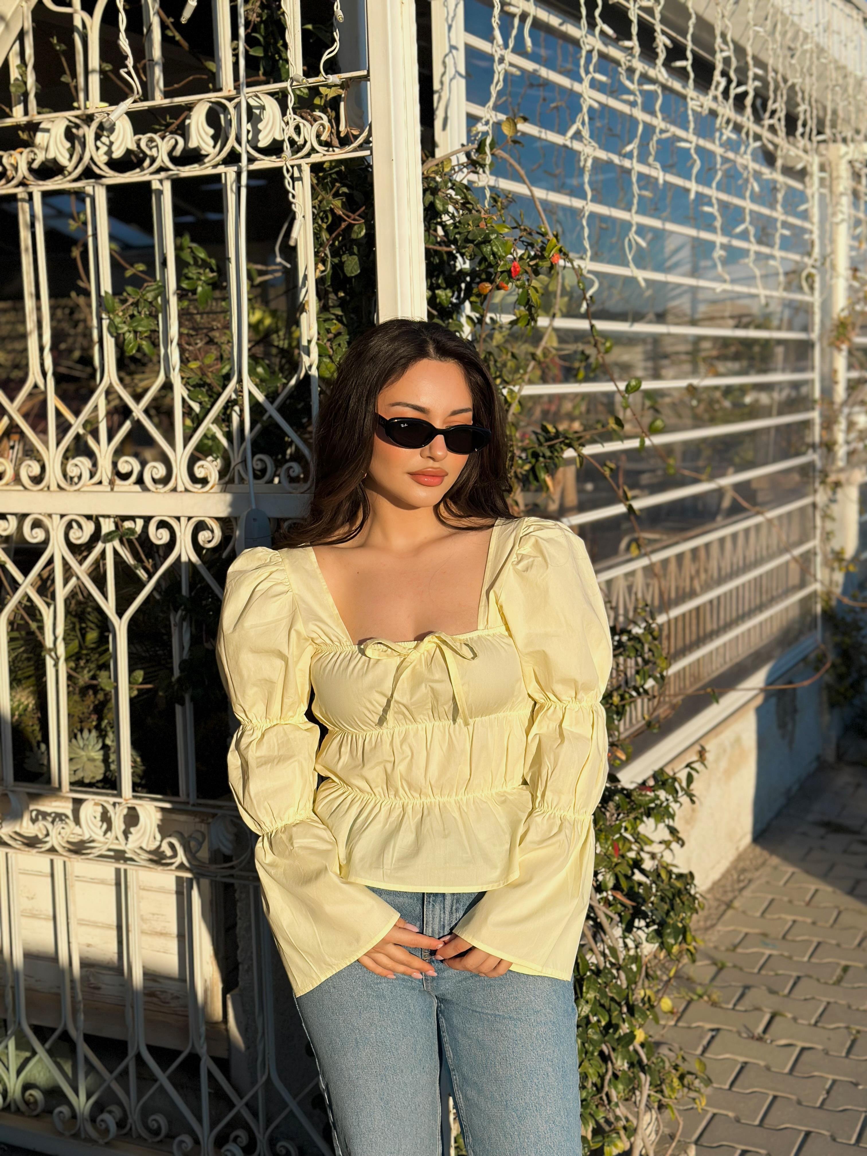 Ravi Premium Büzgülü Bluz Pastel Sarı