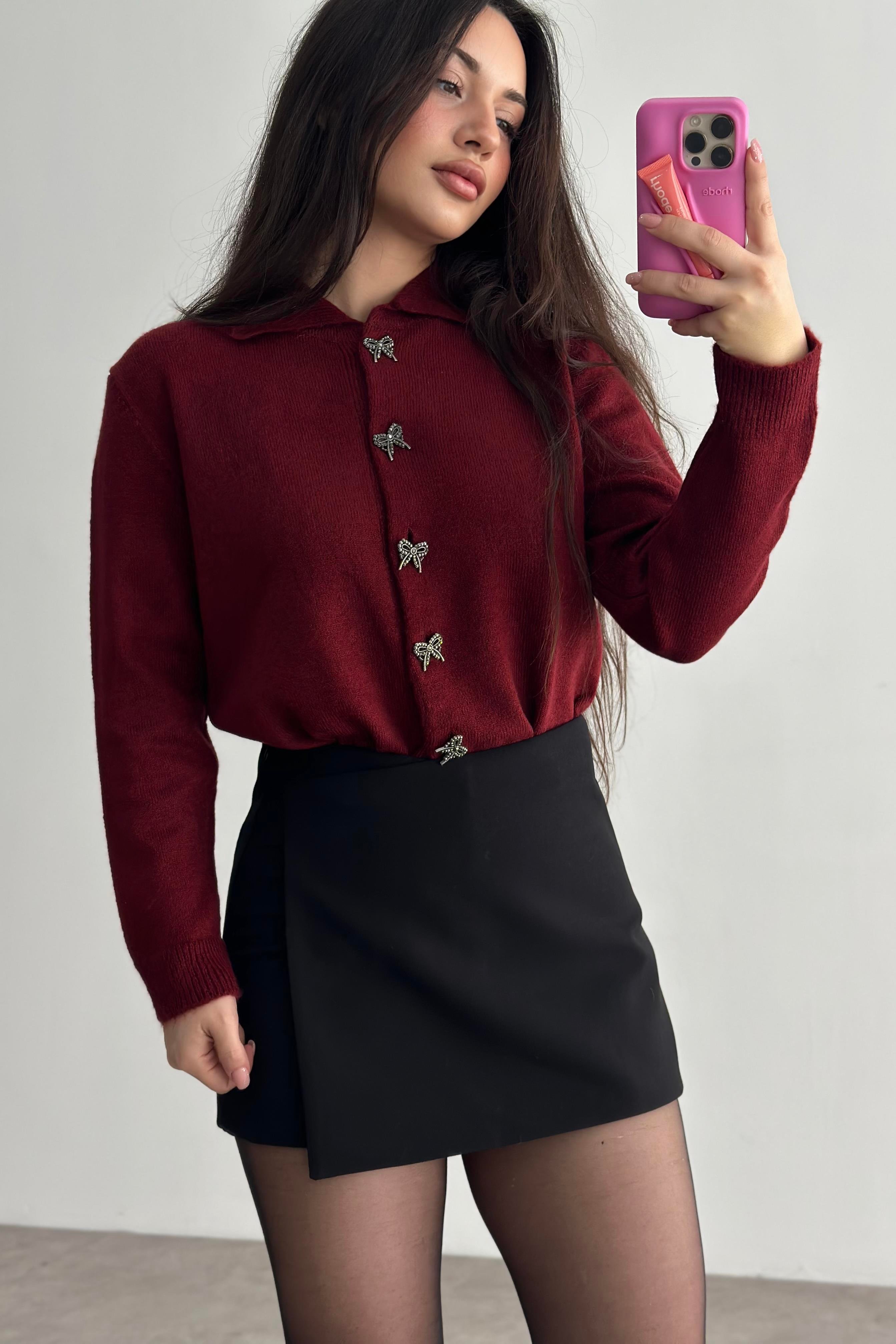 Taşlı Kurdele Düğmeli Soft Dokulu Bordo Hırka