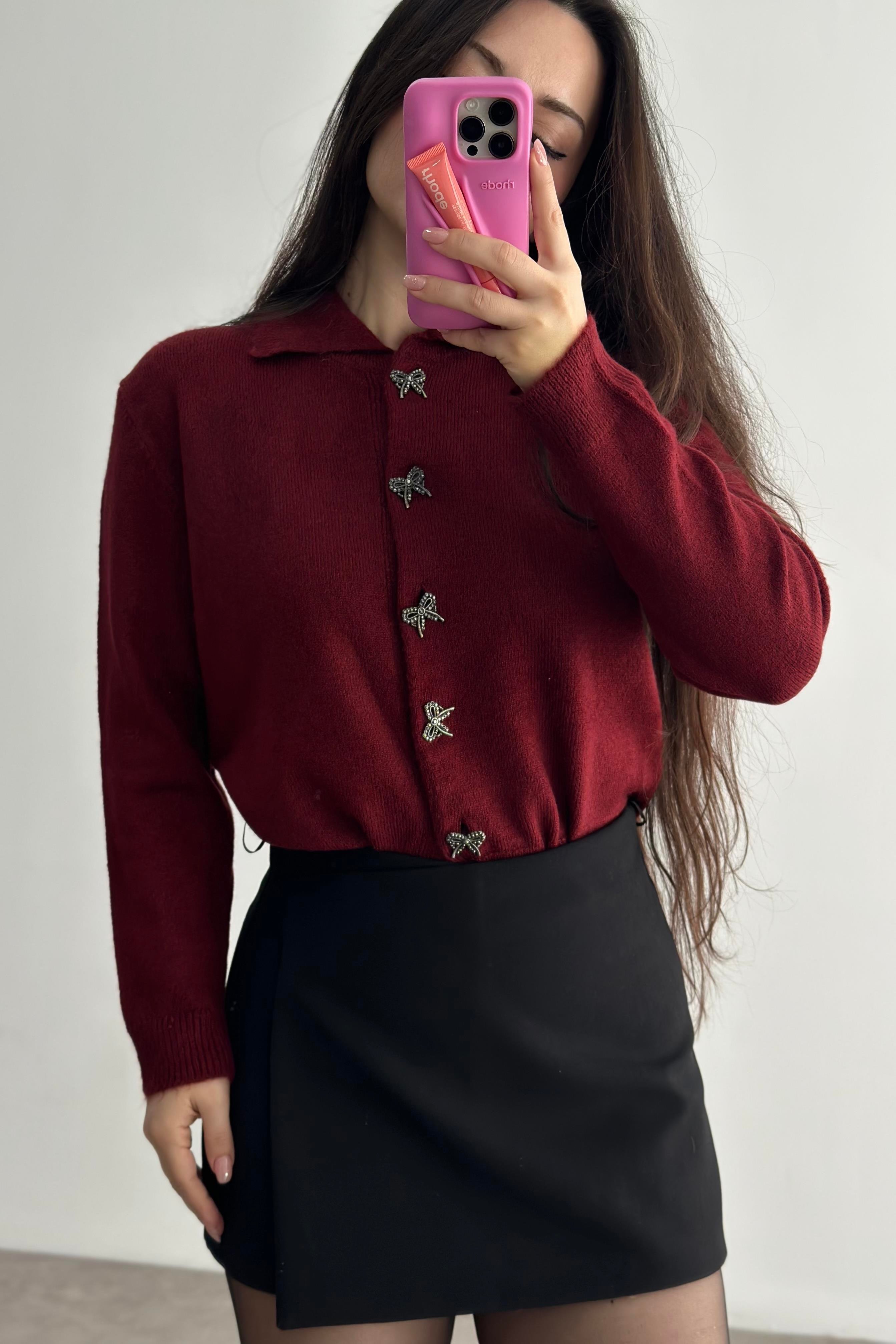 Taşlı Kurdele Düğmeli Soft Dokulu Bordo Hırka