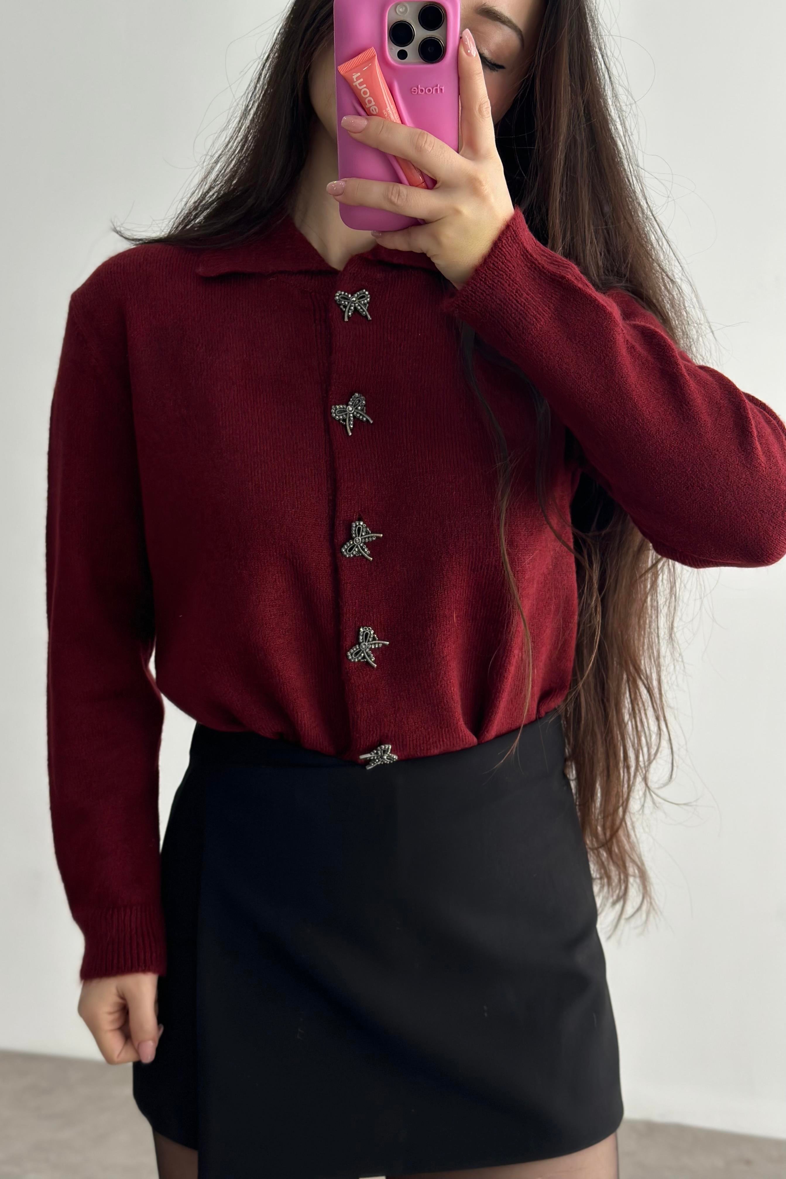 Taşlı Kurdele Düğmeli Soft Dokulu Bordo Hırka