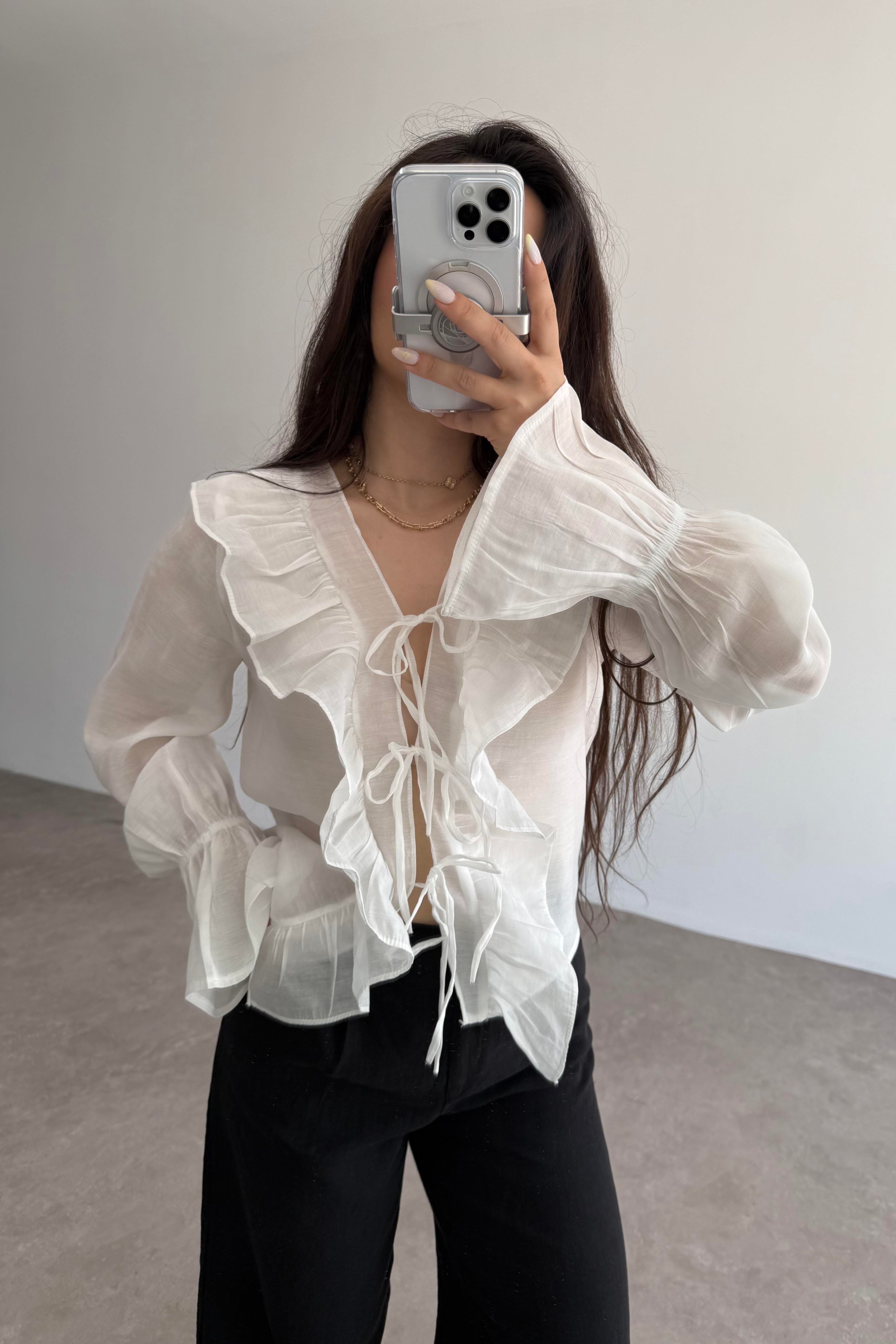 Volanlı Premium Bağlamalı Ekru Gömlek