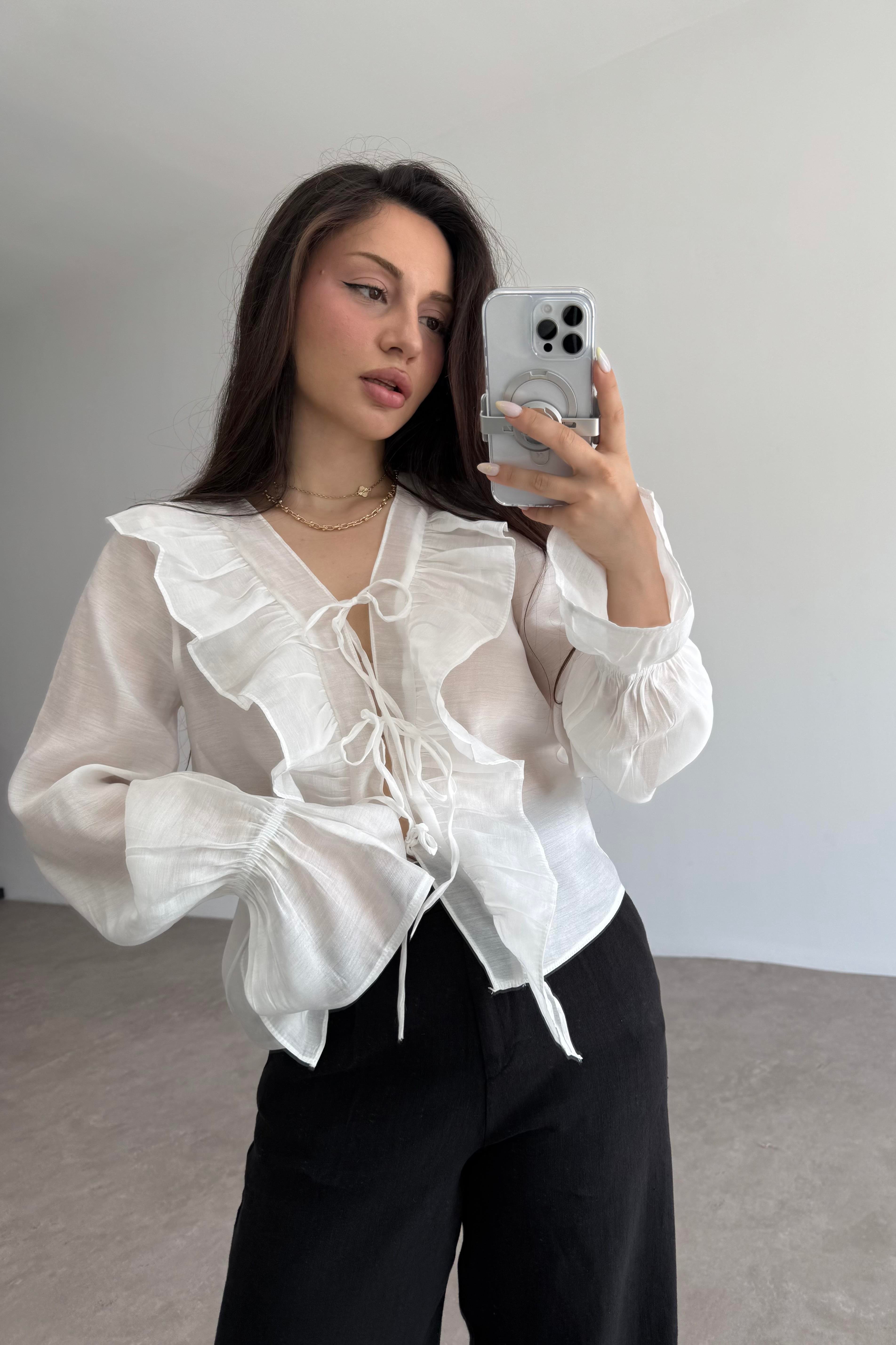 Volanlı Premium Bağlamalı Ekru Gömlek