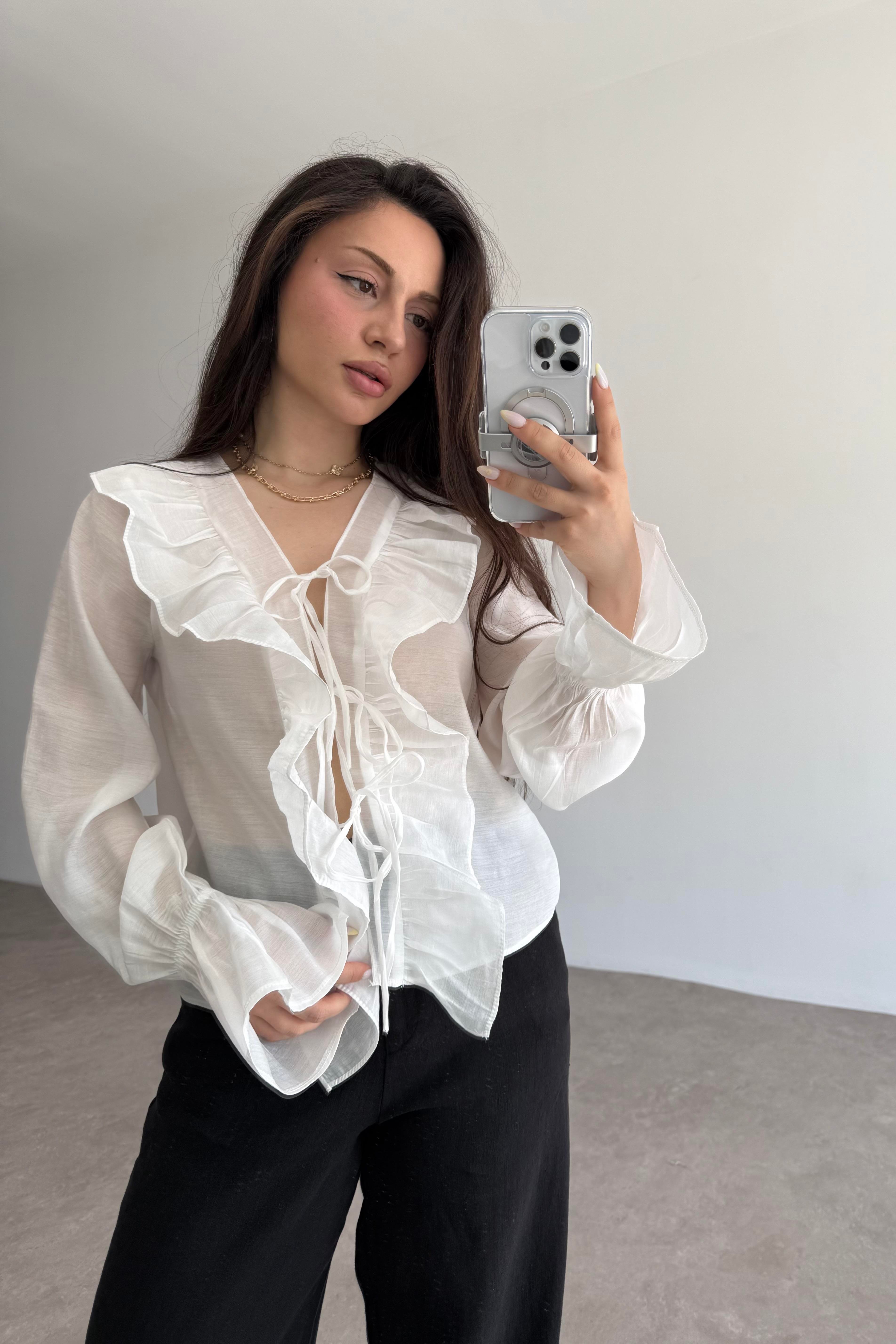 Volanlı Premium Bağlamalı Ekru Gömlek