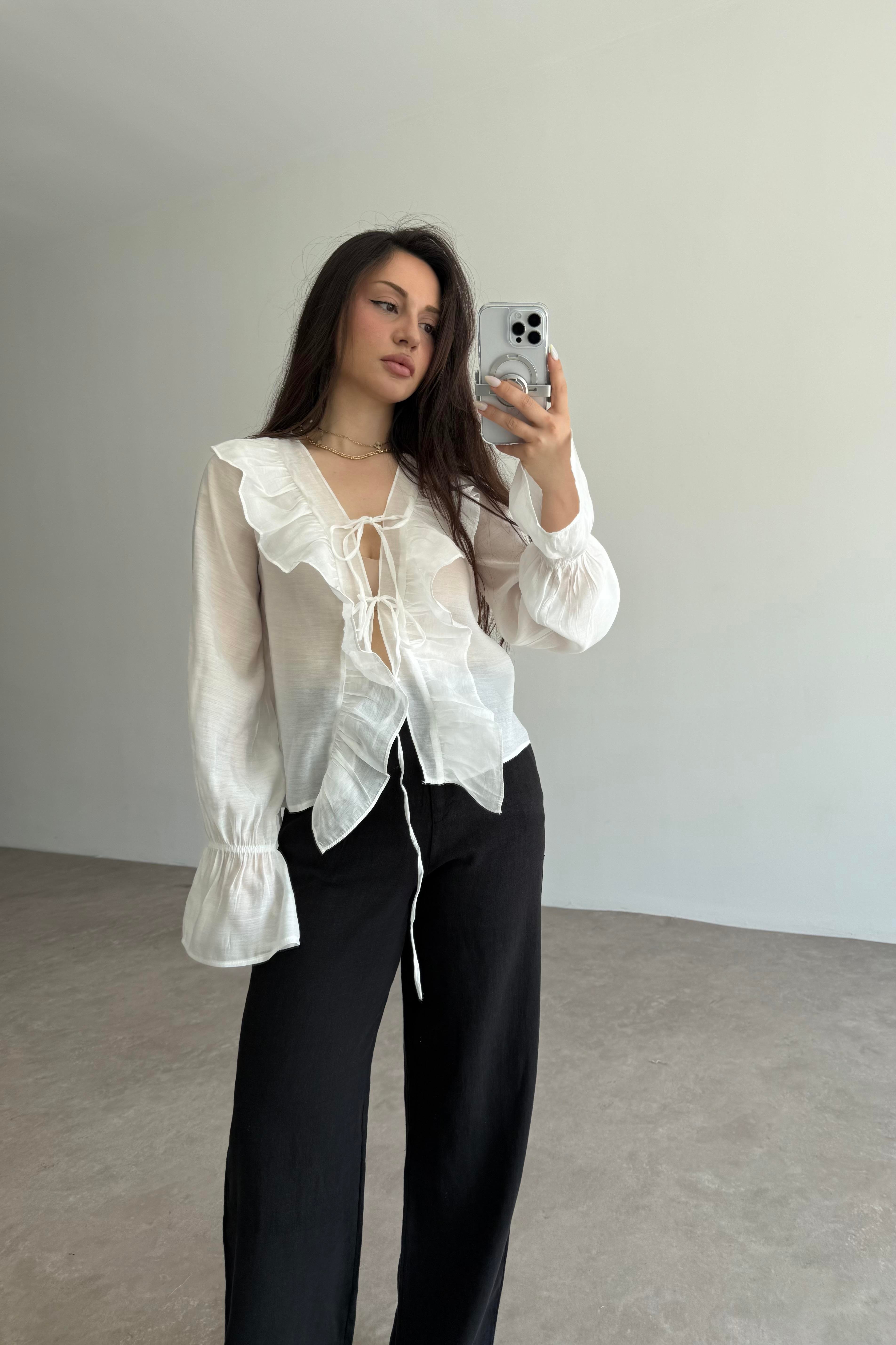 Volanlı Premium Bağlamalı Ekru Gömlek