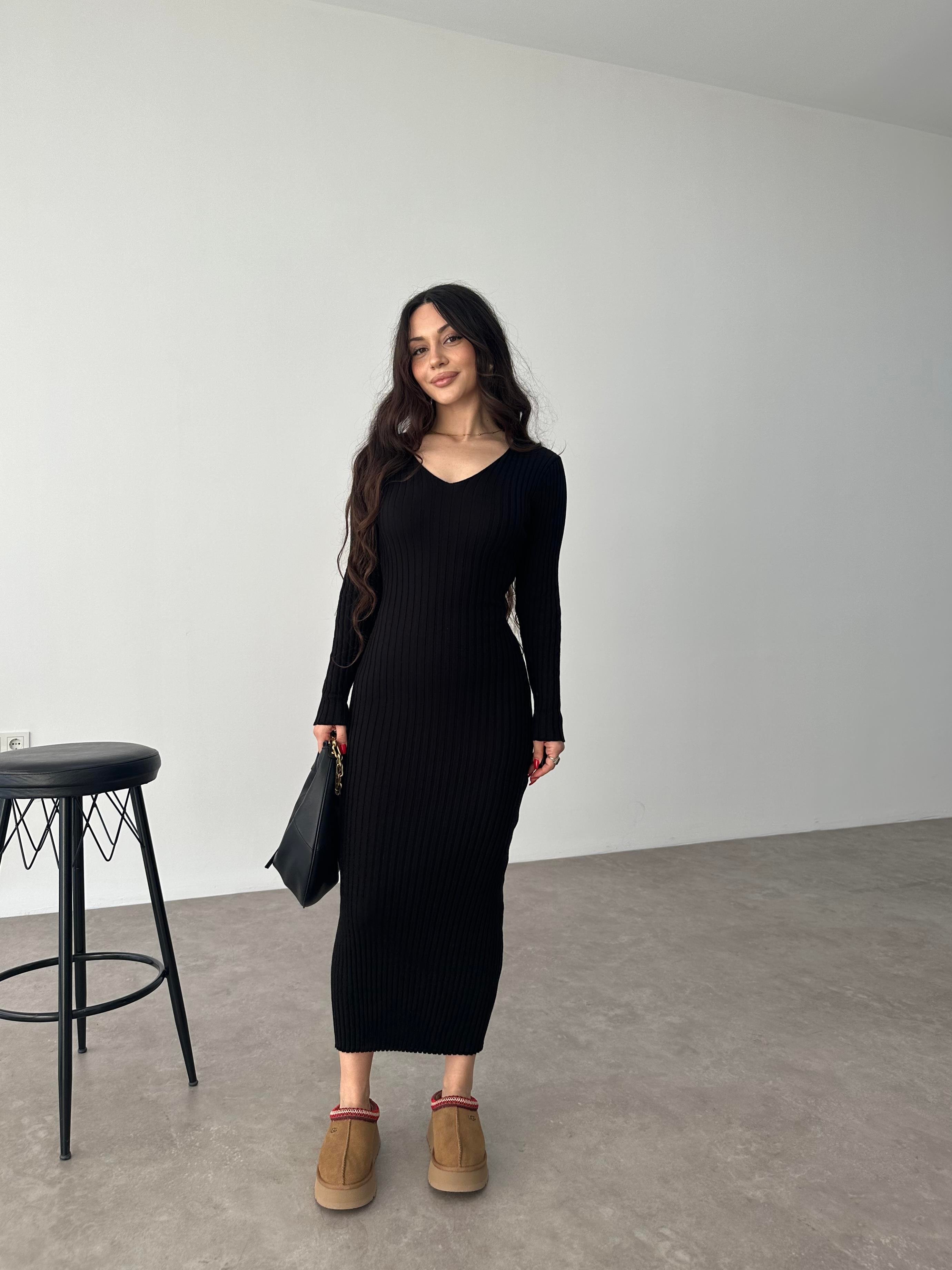 ZR Bağlama Detaylı Triko Siyah Elbise