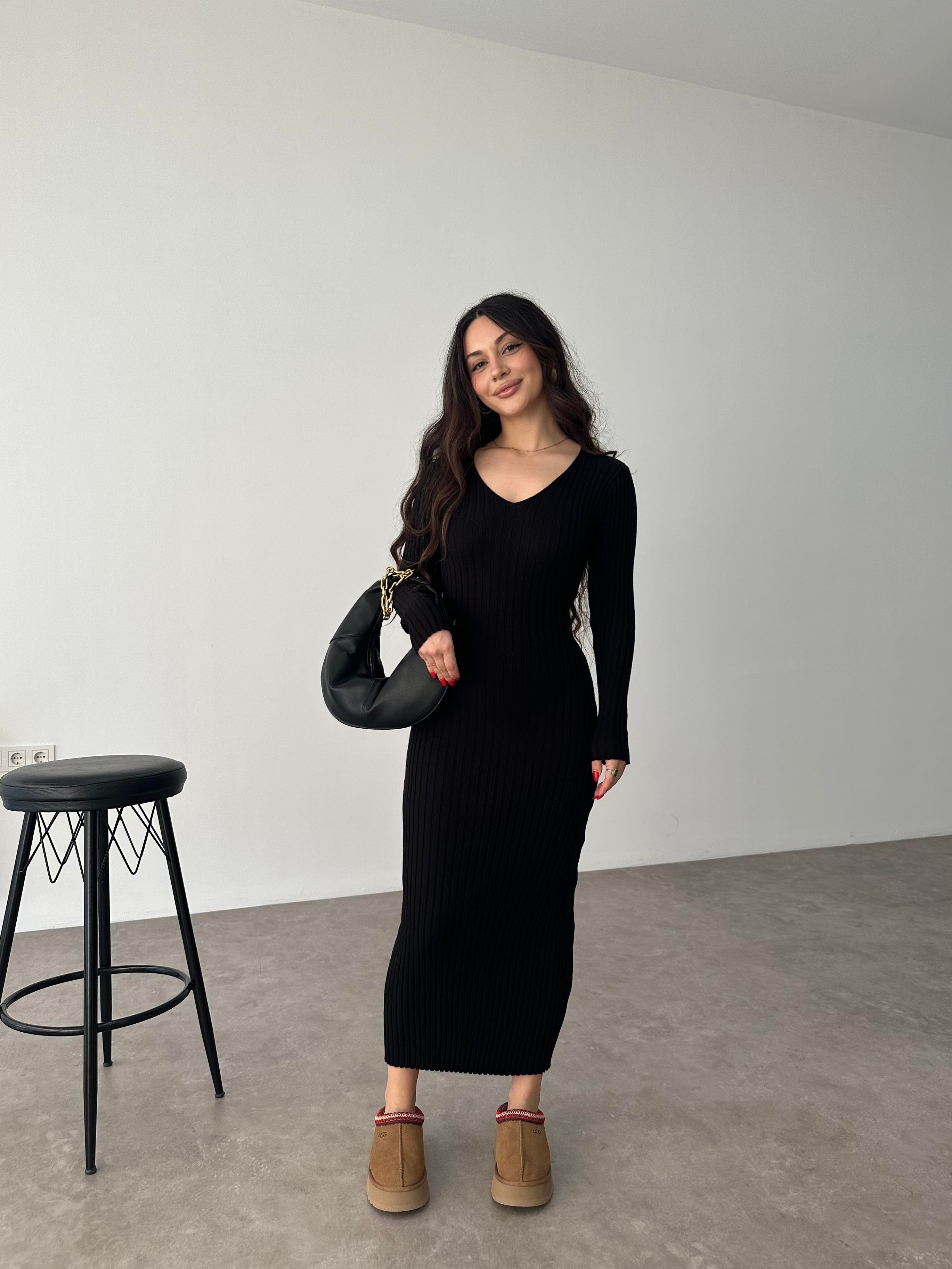 ZR Bağlama Detaylı Triko Siyah Elbise