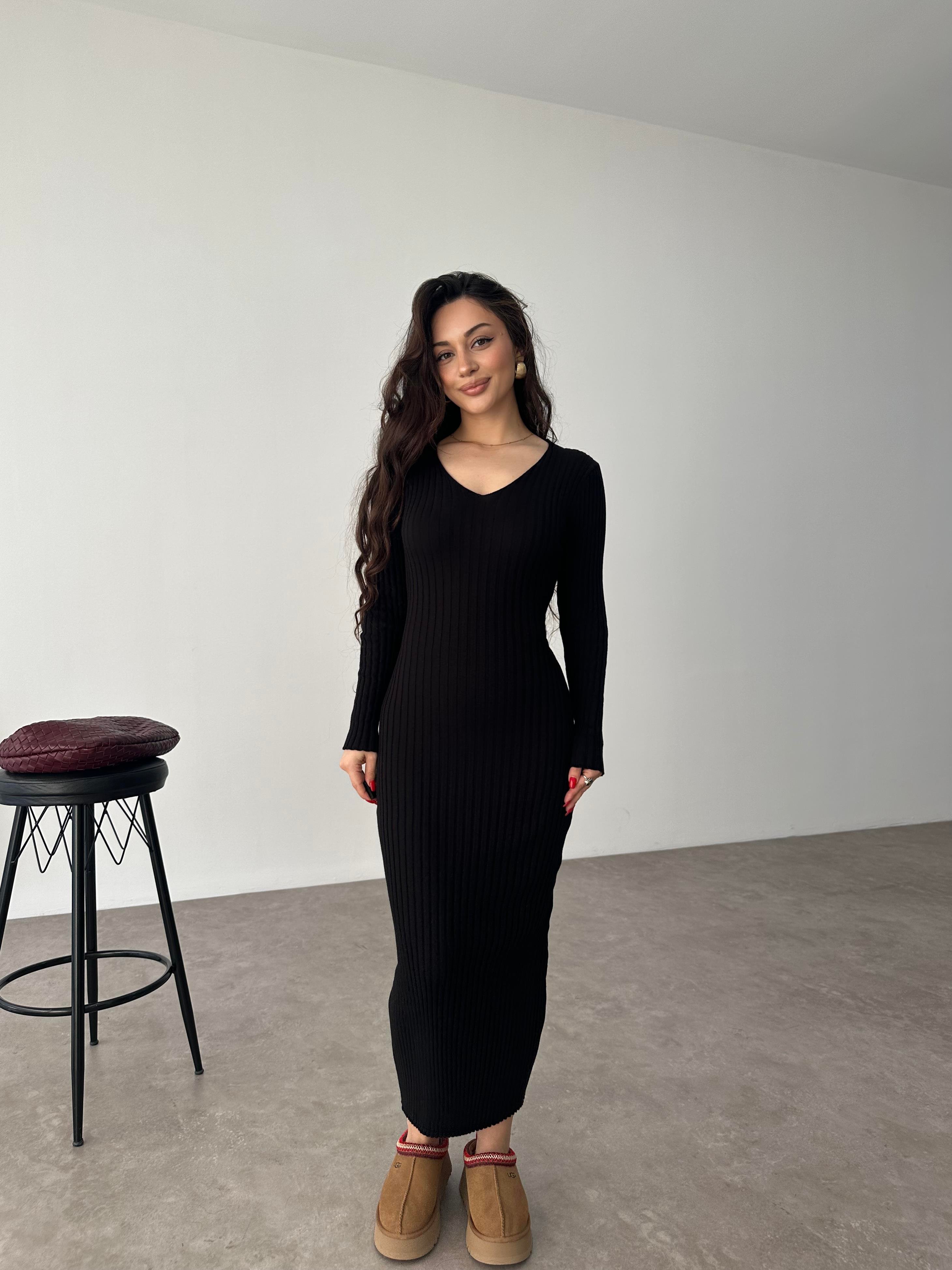 ZR Bağlama Detaylı Triko Siyah Elbise