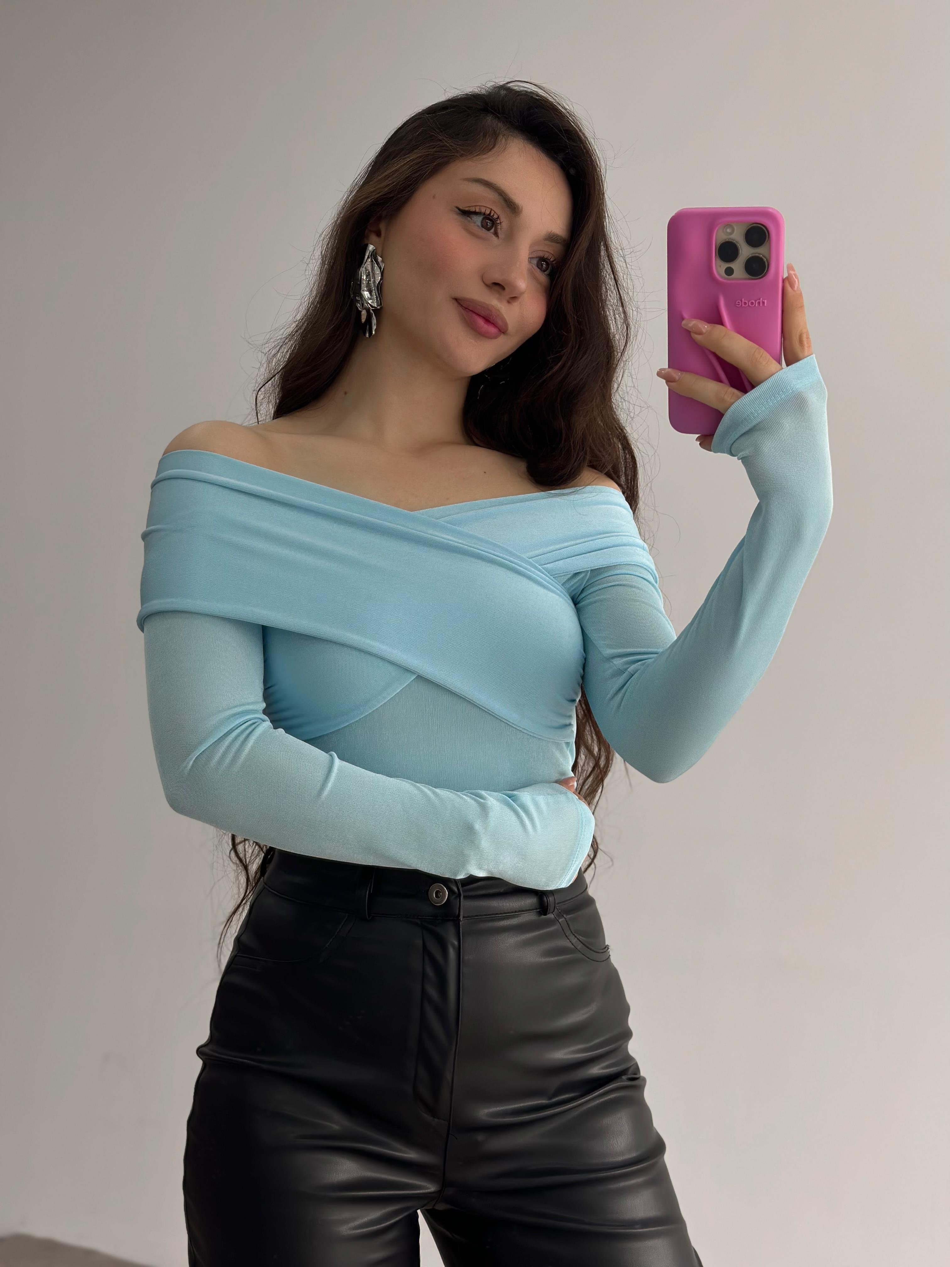 ZR Çapraz Yaka Buzzy Bluz Mavi