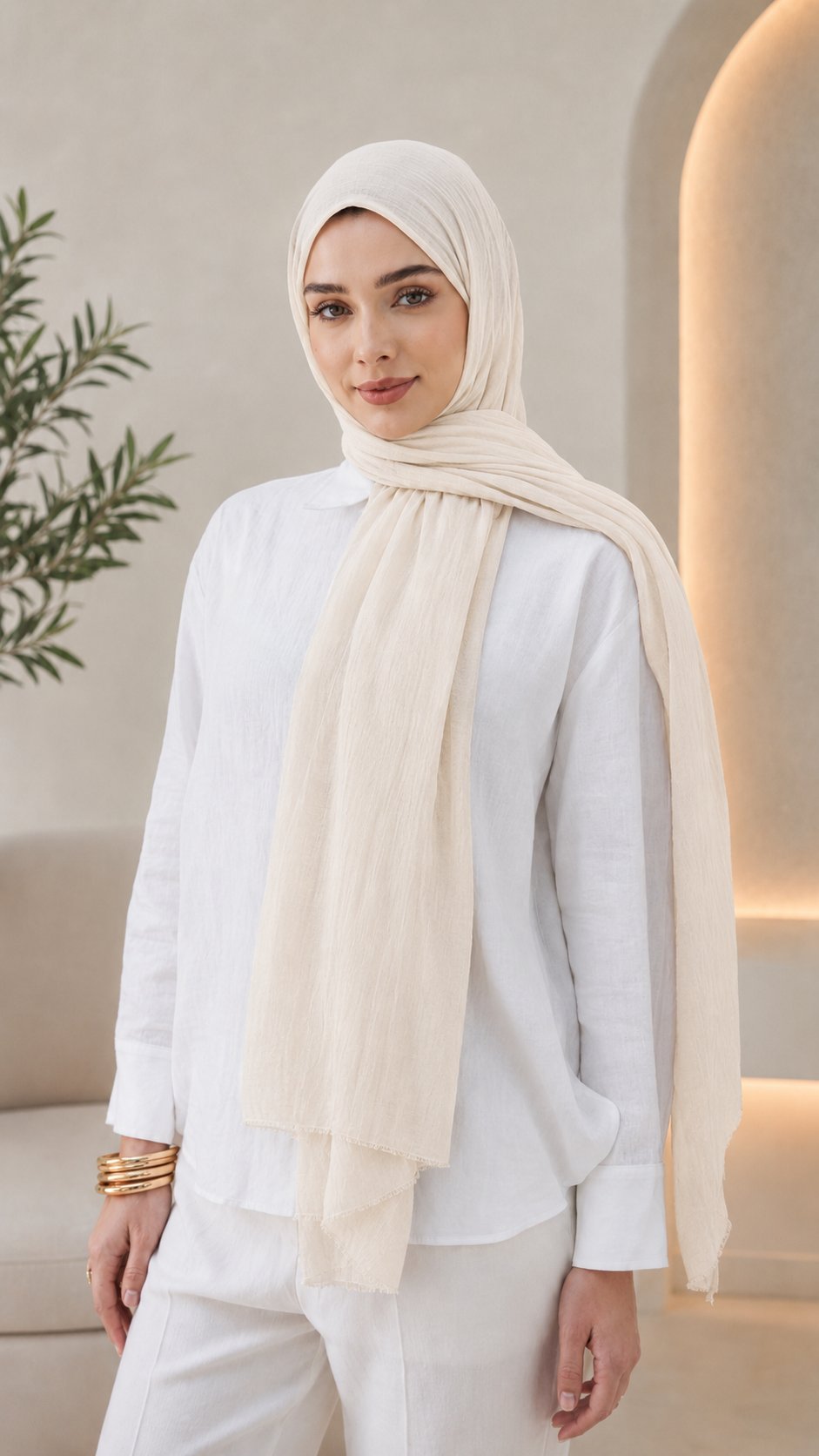 Krem Düz Pamuk Comfort Şal - 002
