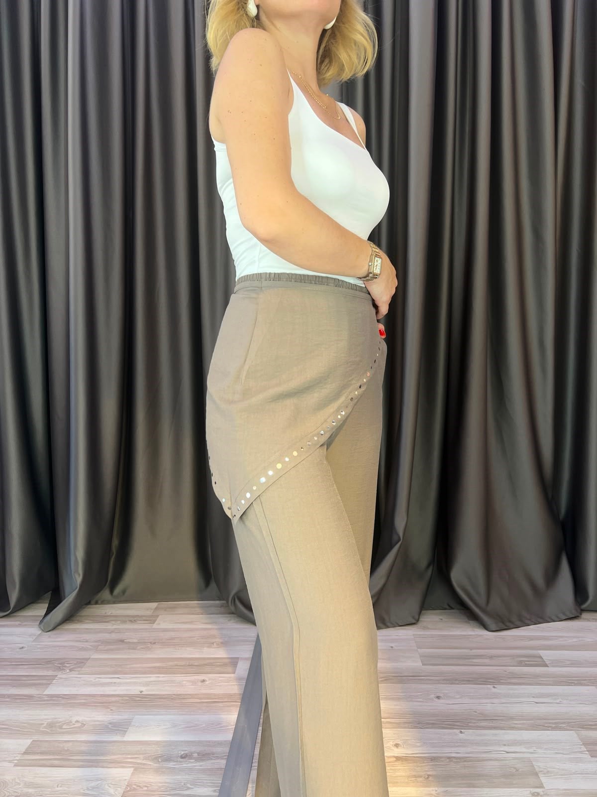 Bandana Detaylı Beli Lastikli Vizon Palazzo Pantolon