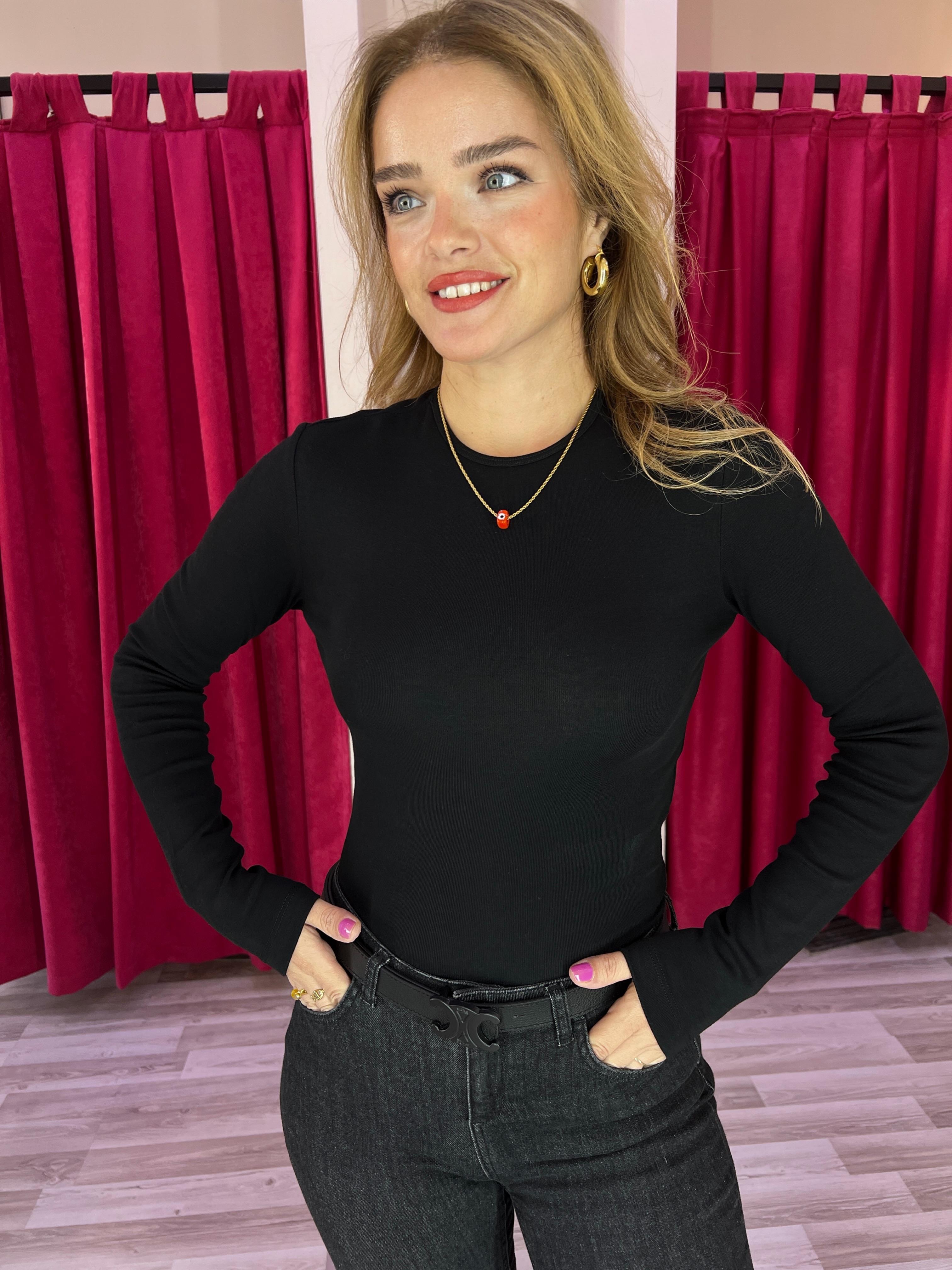 Bisiklet Yaka Uzun Kol Siyah Basic Crop Top