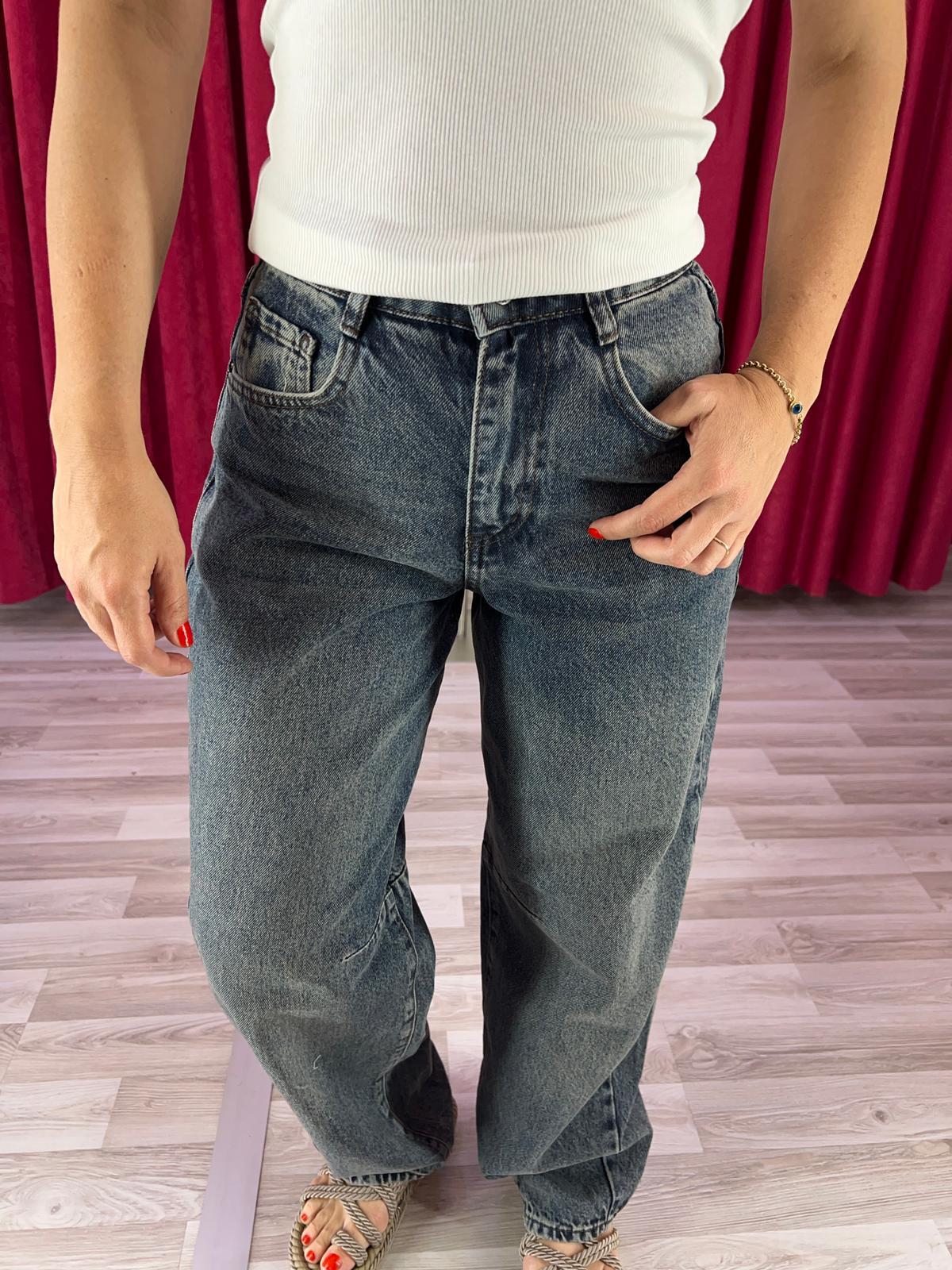 Eskitme Kar Yıkama Mavi Baggy Jean