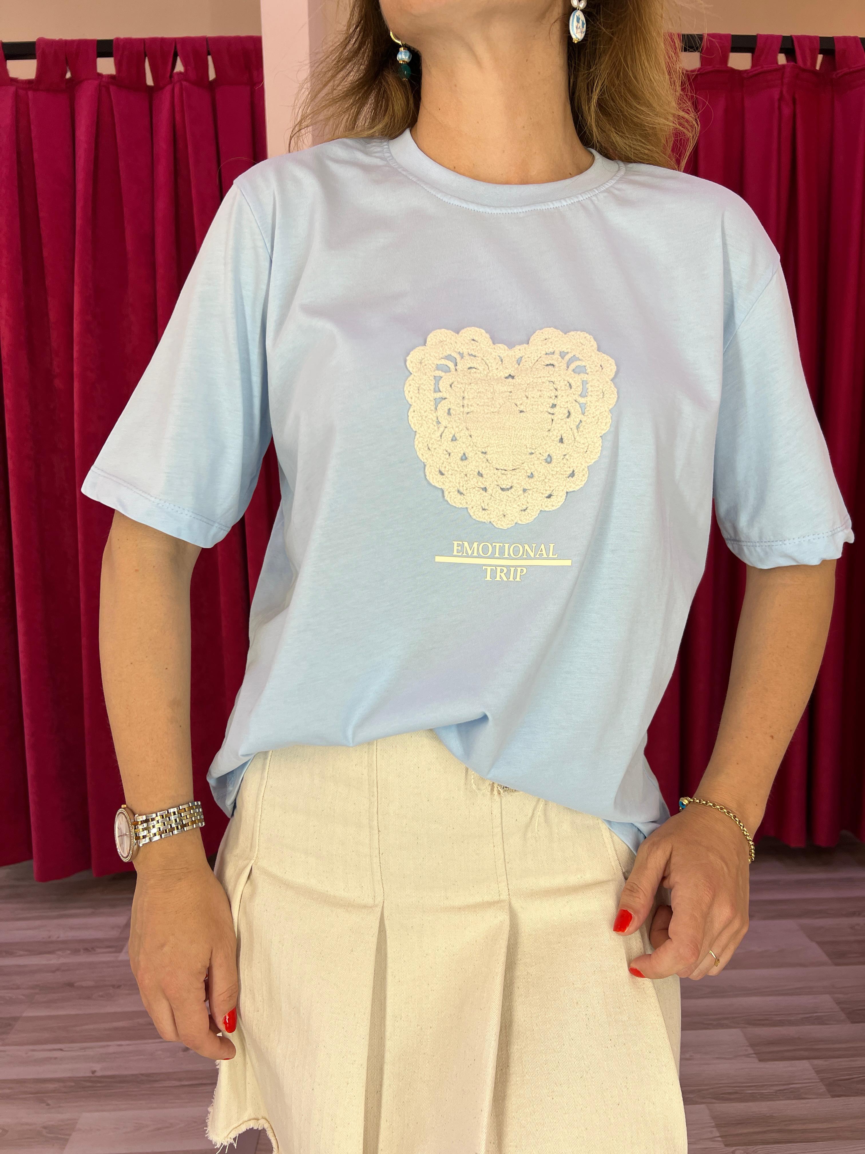 Kalp Dantel Detaylı Mavi Tshirt