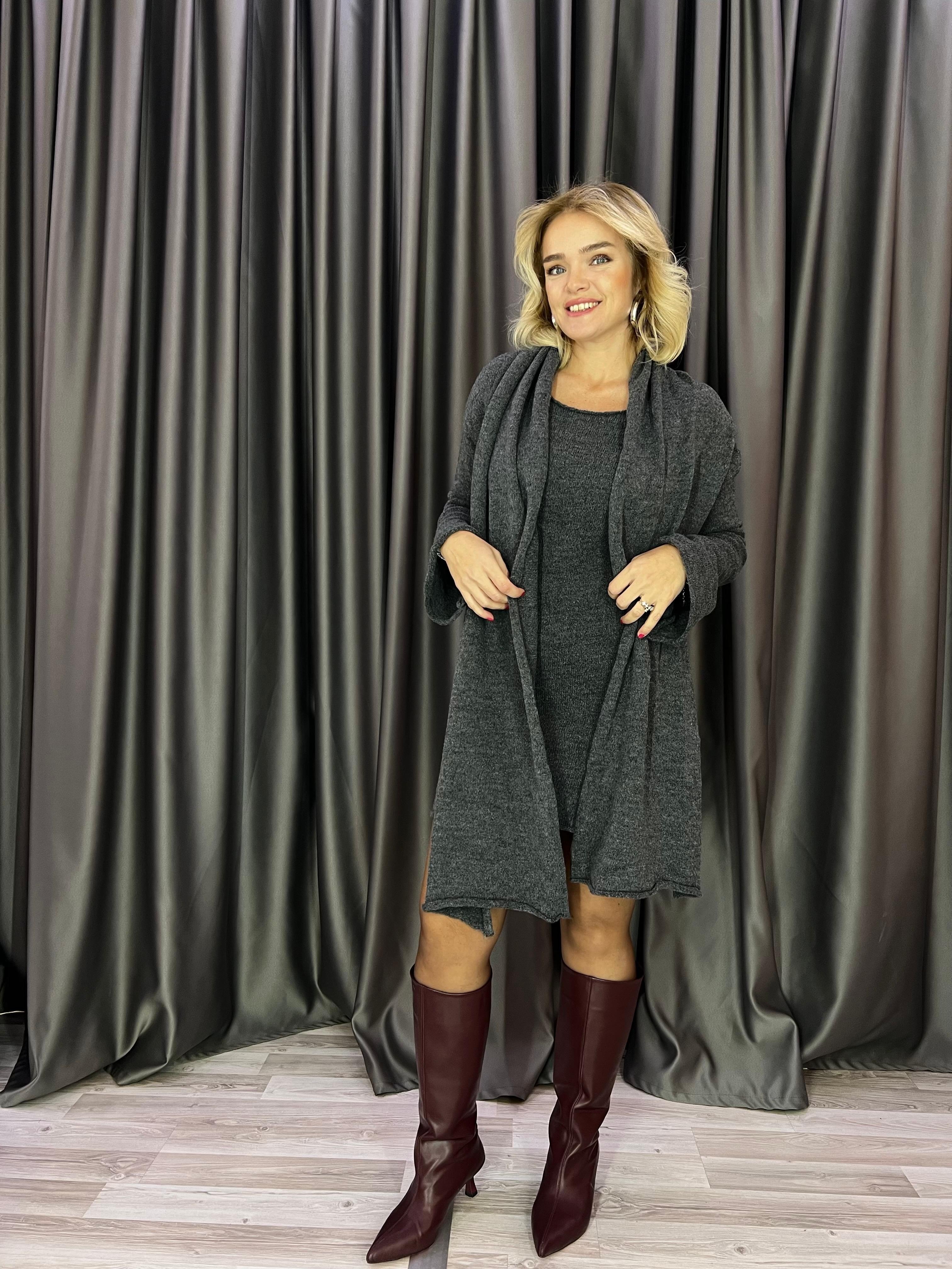 Madonna Yaka Şallı Antrasit Elbise
