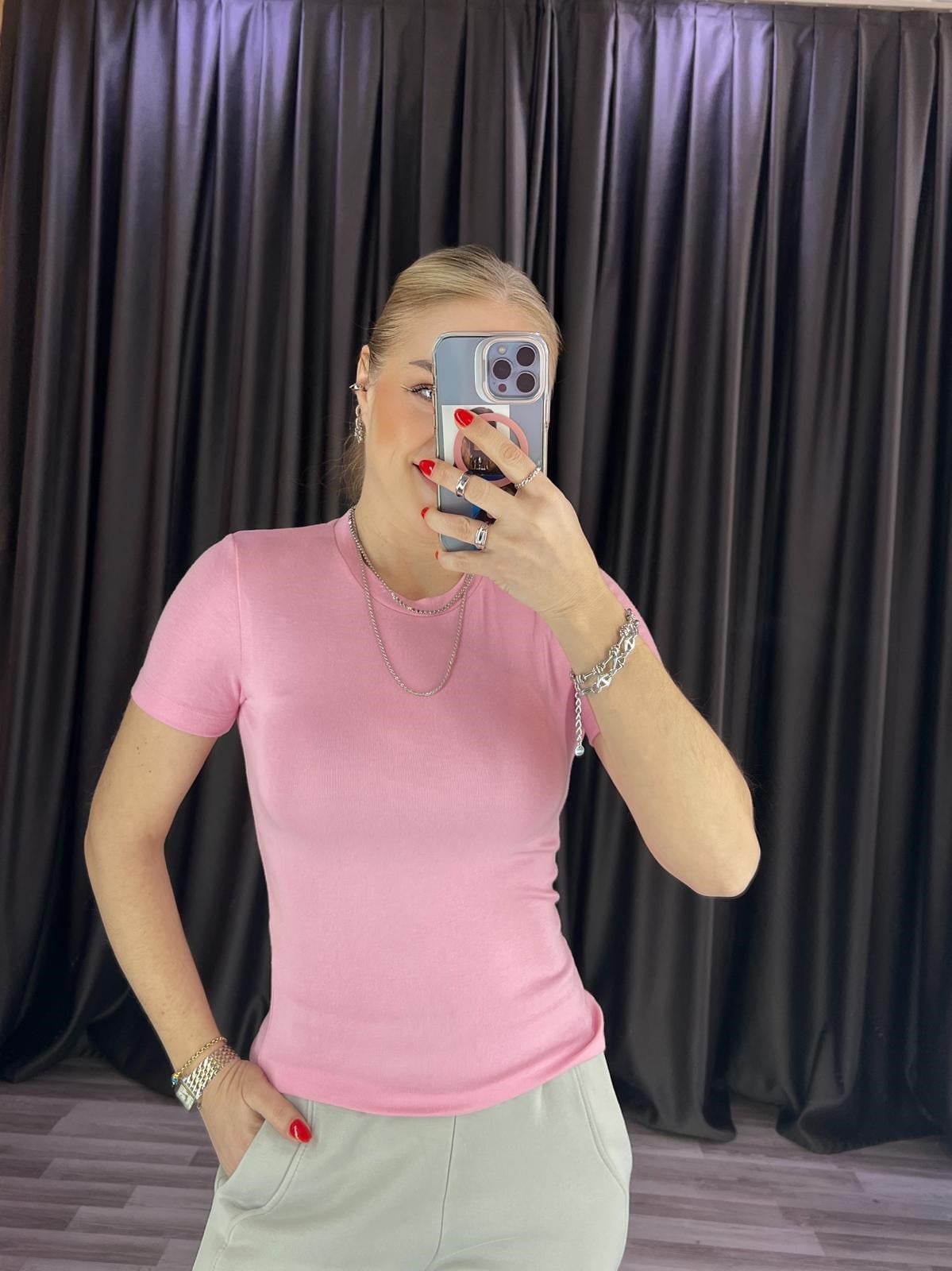 Oysho Yumoş Kısa Kol Basic Pembe Body