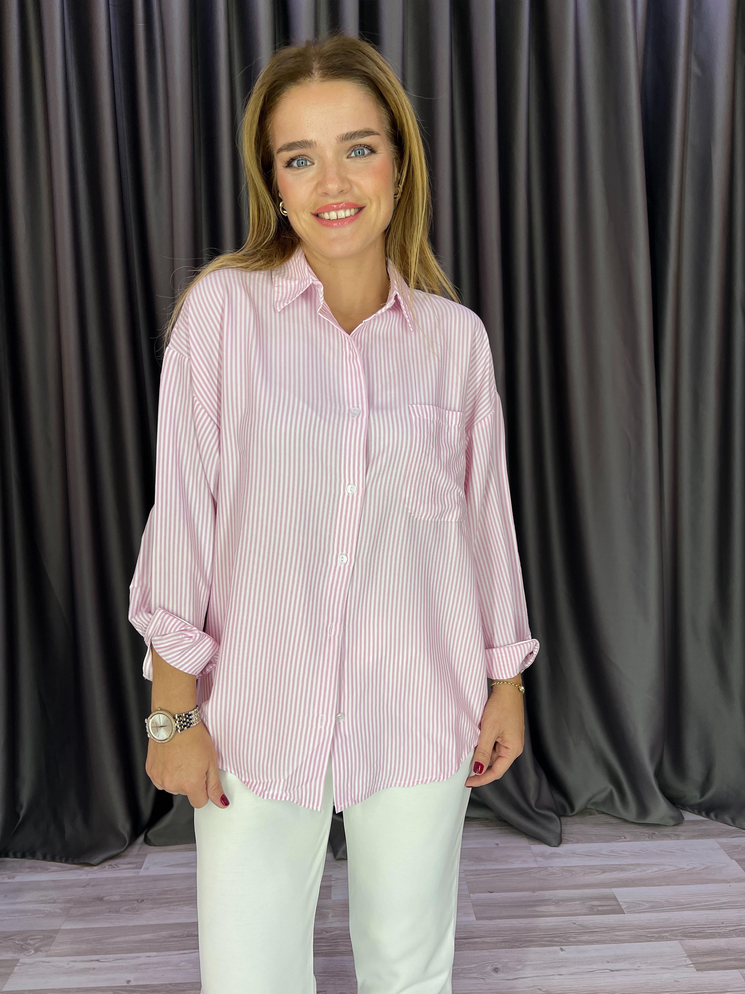 Pembe-Ekru Çizgili Cepli Bambu Gömlek