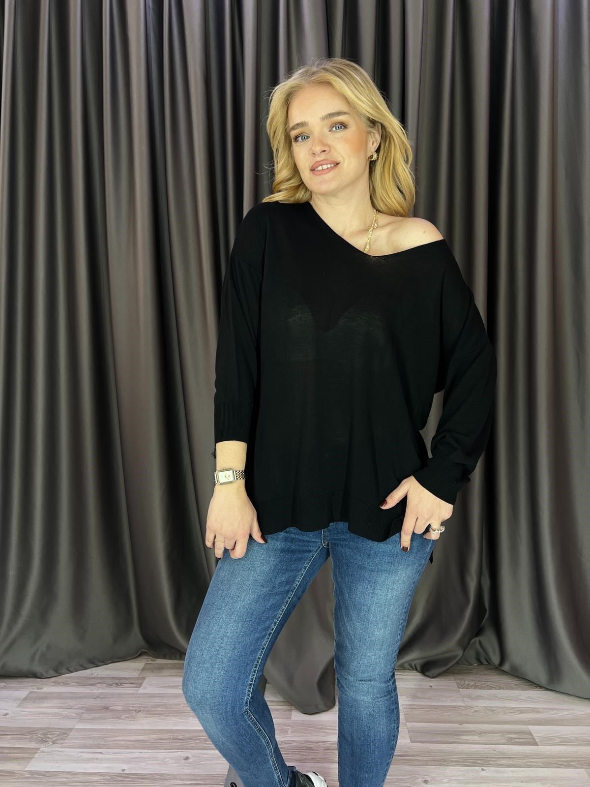 V Yaka Viskon Siyah Triko